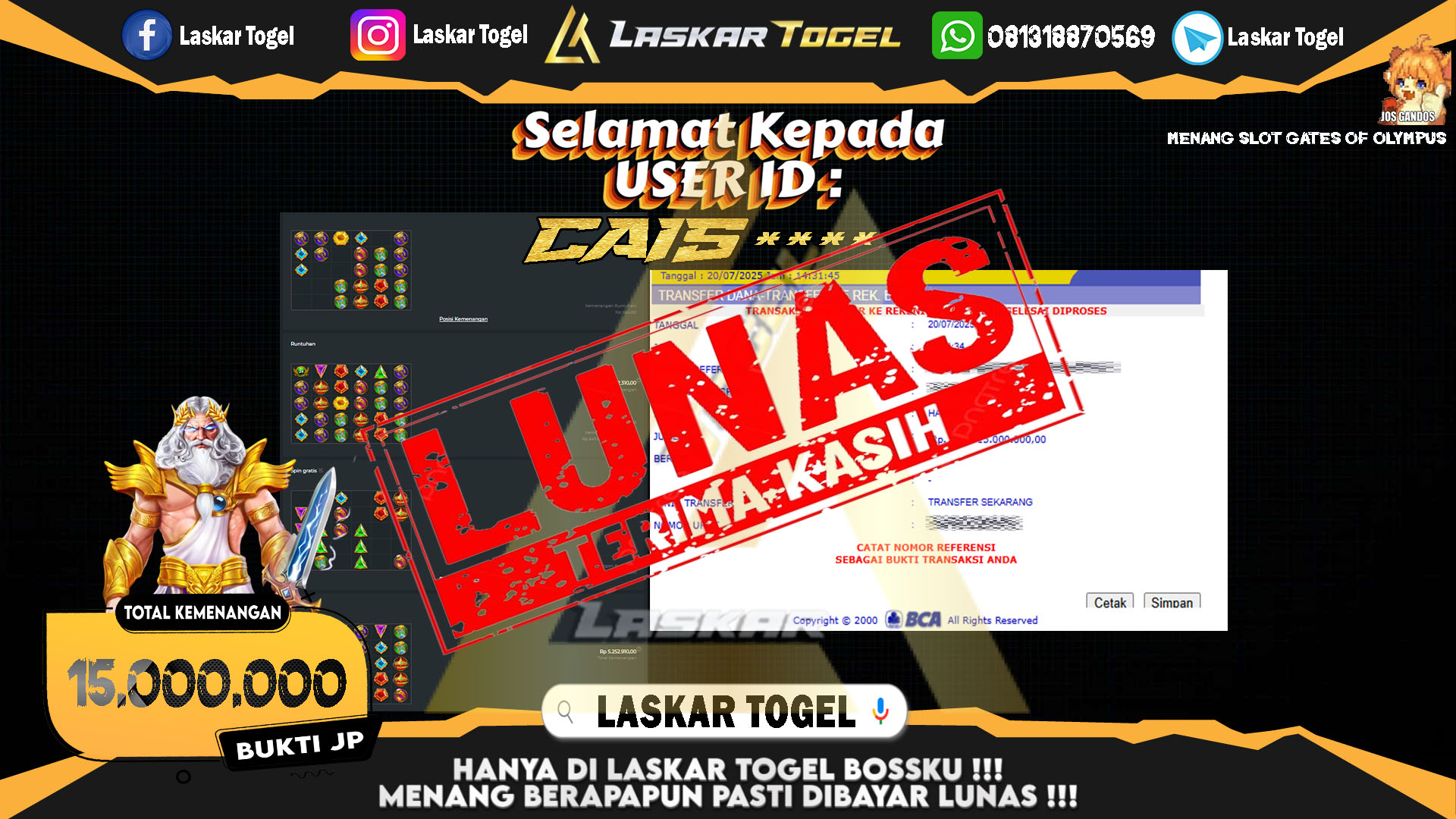 LASKARTOGEL JACKPOT SLOT GATES OF OLYMPUS Rp.15.000.000.,- LUNAS