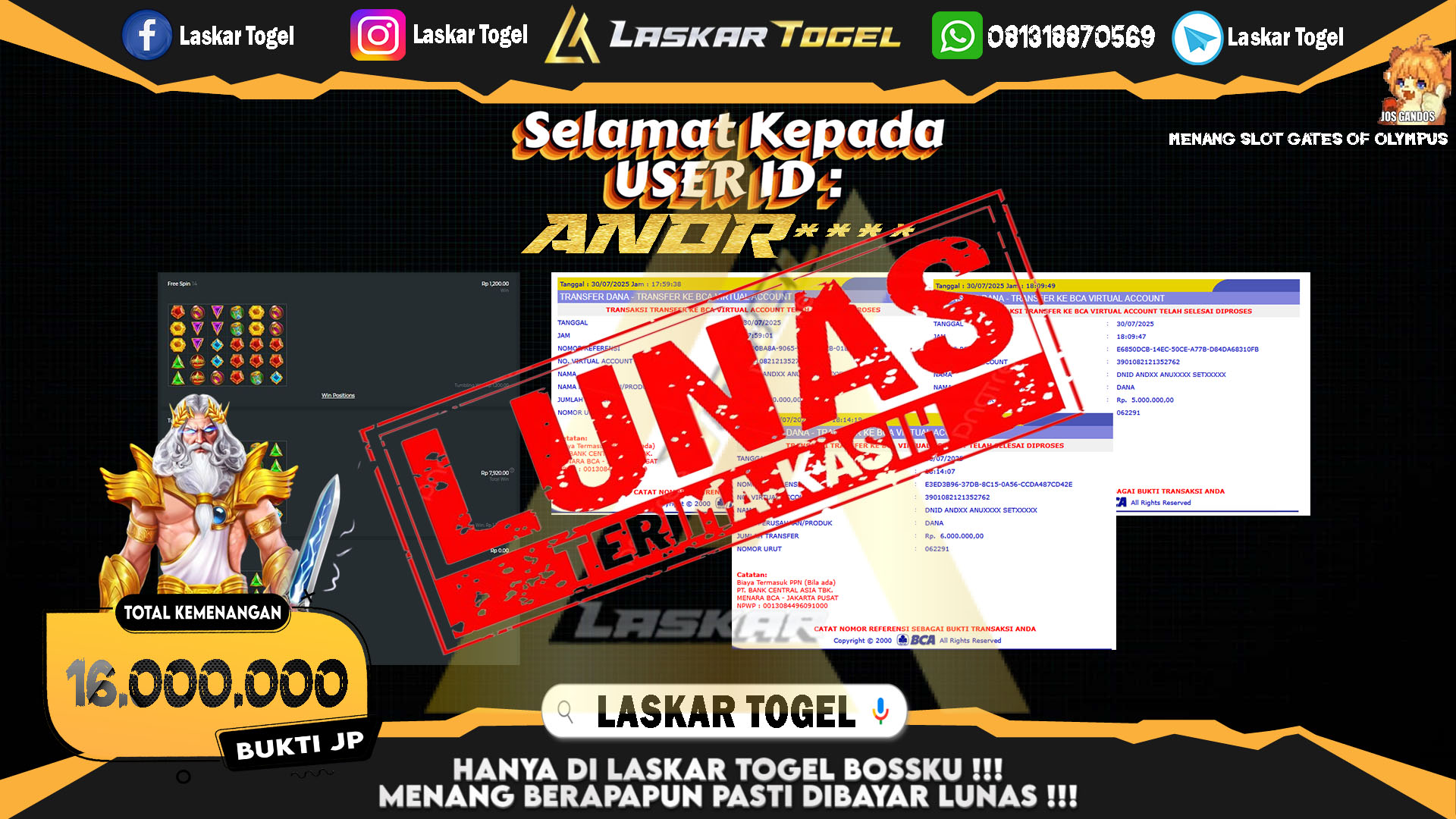 LASKARTOGEL JACKPOT SLOT GATES OF OLYMPUS Rp.16.000.000.,- LUNAS