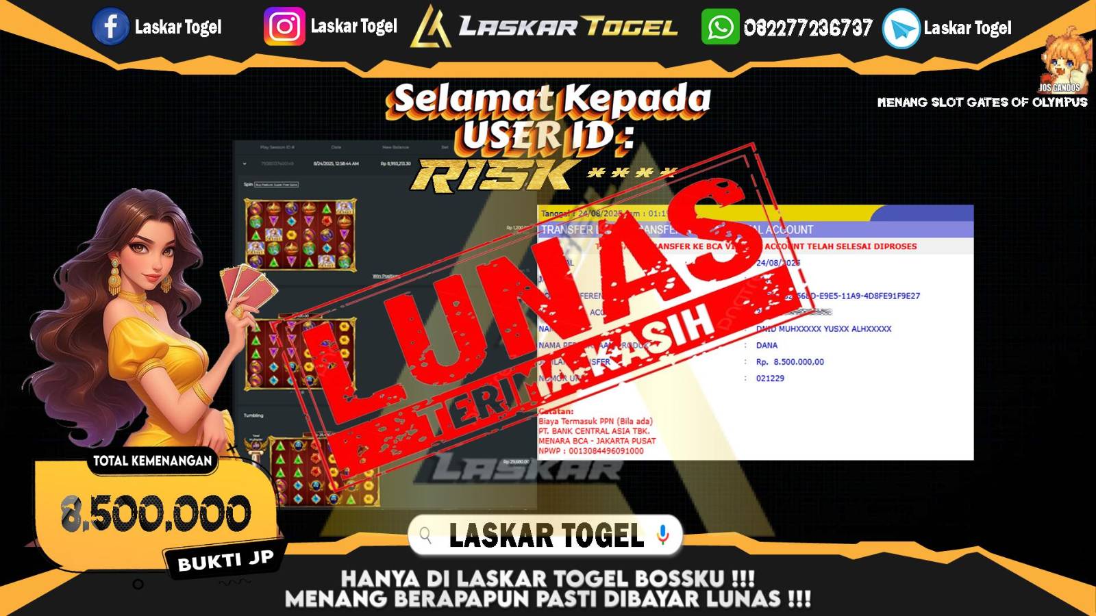 LASKARTOGEL JACKPOT SLOT GATES OF OLYMPUS Rp.8.500.000,- LUNAS