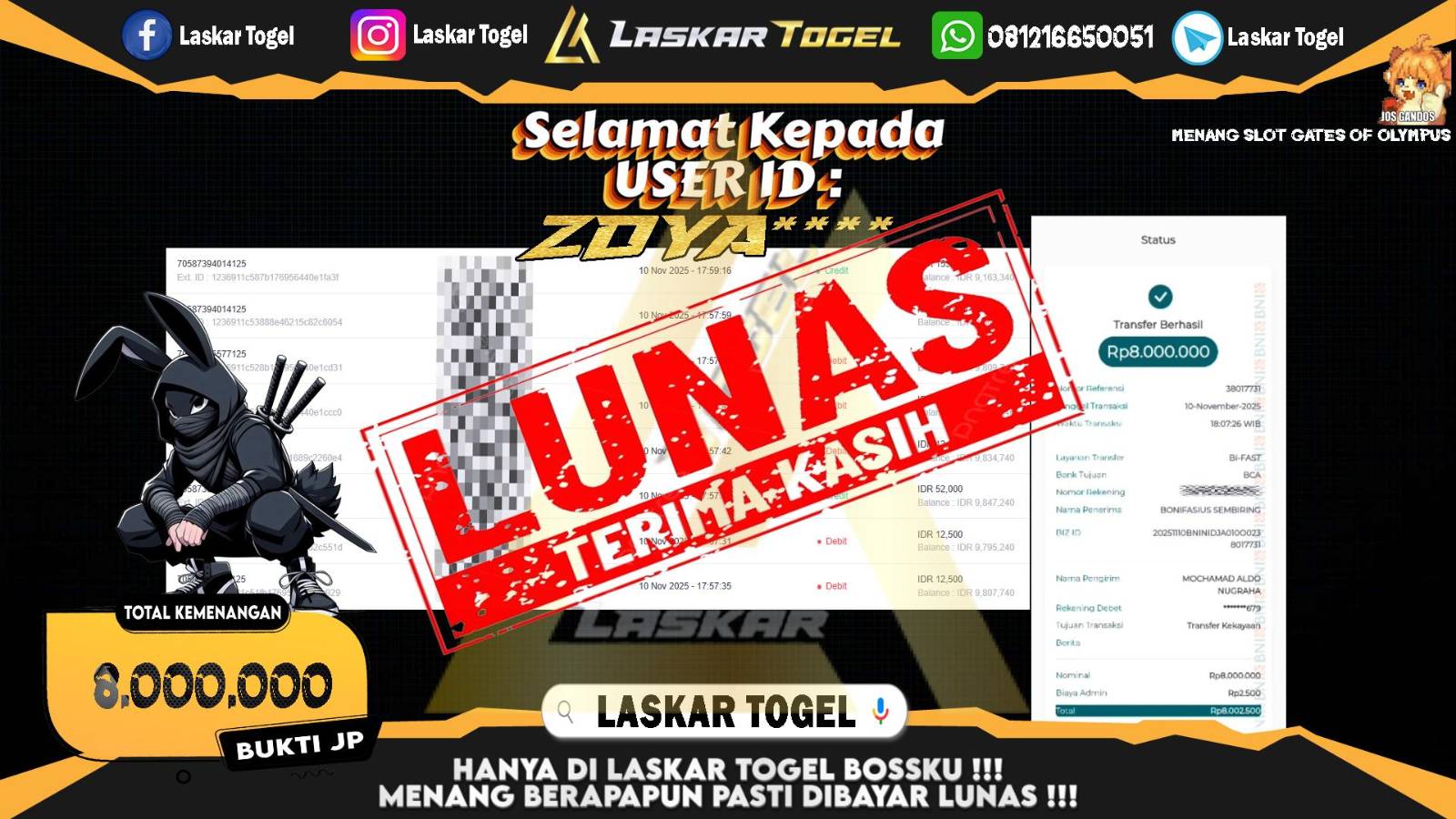 LASKARTOGEL JACKPOT SLOT GATES OF OLYMPUS Rp.8.000.000,- LUNAS