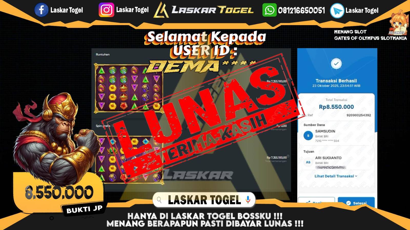 LASKARTOGEL JACKPOT SLOT GATES OF OLYMPUS SLOT MANIA Rp.8.550.000,- LUNAS