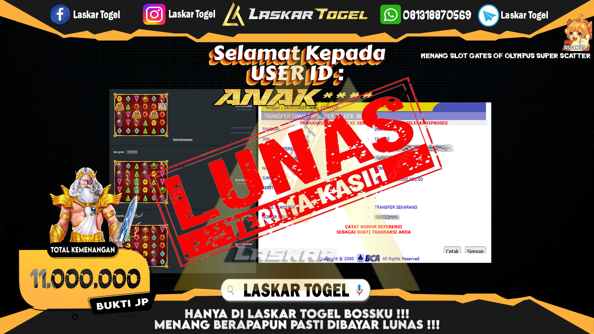 LASKARTOGEL JACKPOT SLOT GATES OF OLYMPUS SUPER SCATTER Rp.11.000.000.,- LUNAS