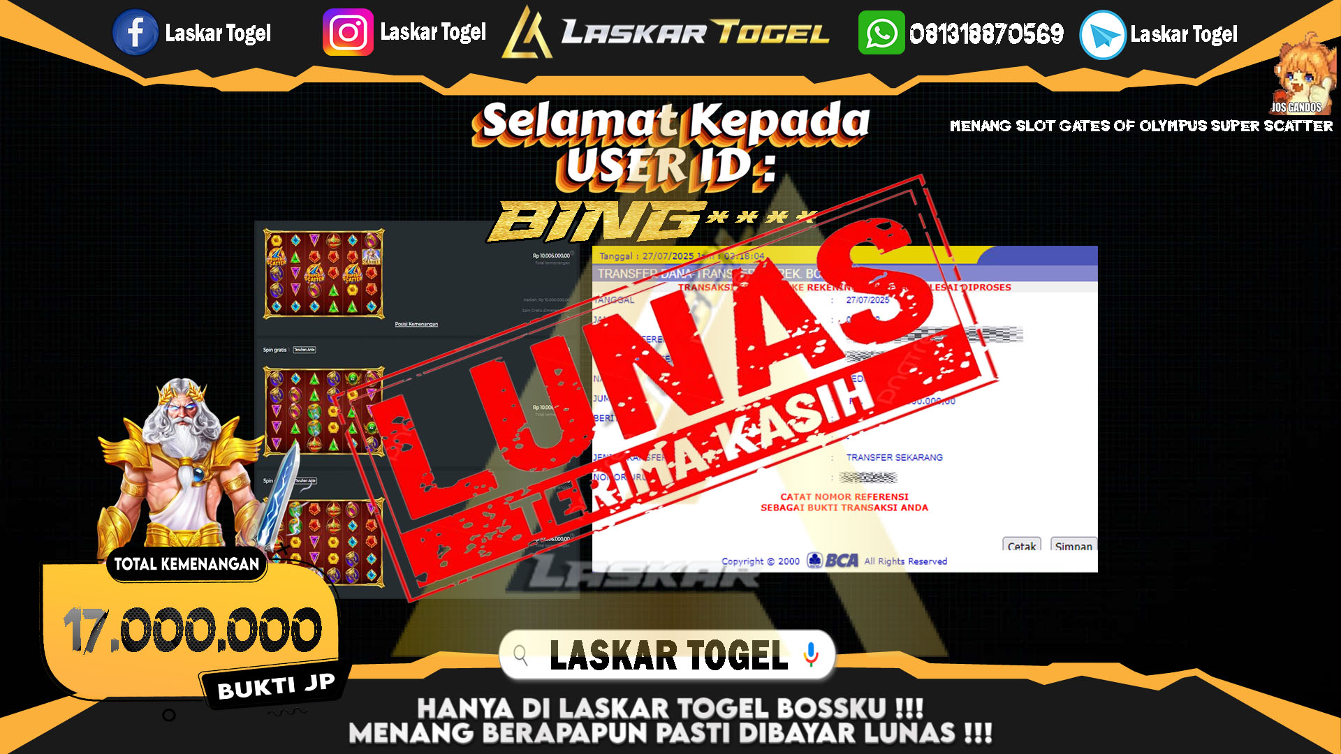 LASKARTOGEL JACKPOT SLOT GATES OF OLYMPUS SUPER SCATTER Rp.17.000.000.,- LUNAS