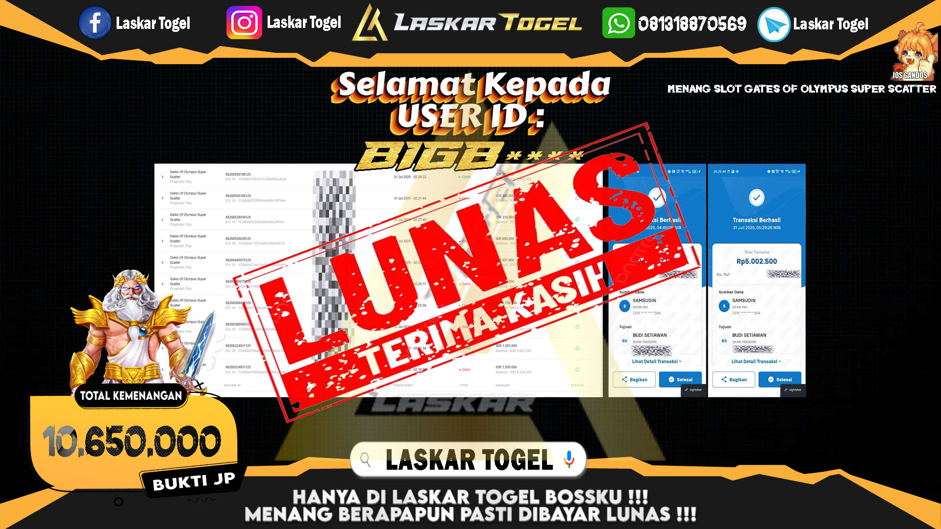 LASKARTOGEL JACKPOT SLOT GATES OF OLYMPUS SUPER SCATTER Rp.10.650.000.,- LUNAS