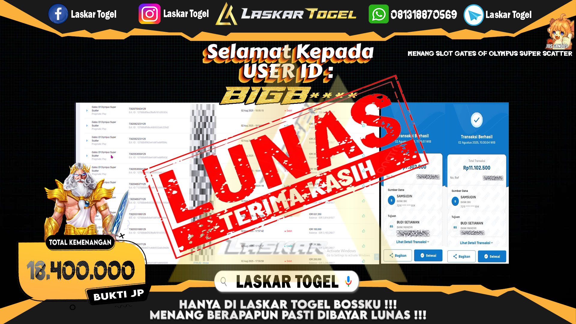 LASKARTOGEL JACKPOT SLOT GATES OF OLYMPUS SUPER SCATTER Rp.18.400.000.,- LUNAS