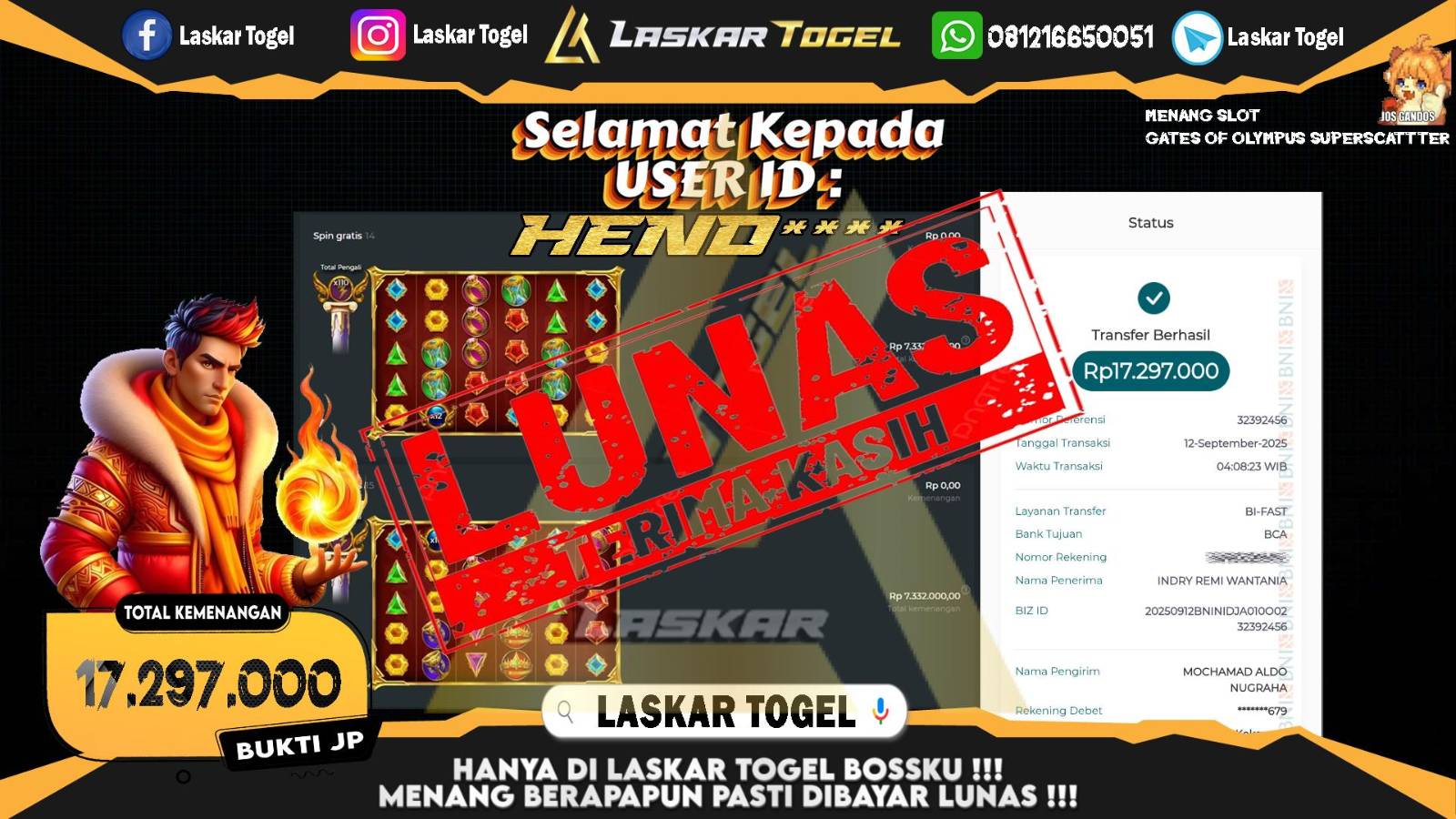 LASKARTOGEL JACKPOT SLOT GATES OF OLYMPUS SUPER SCATTER Rp.17.297.000,- LUNAS