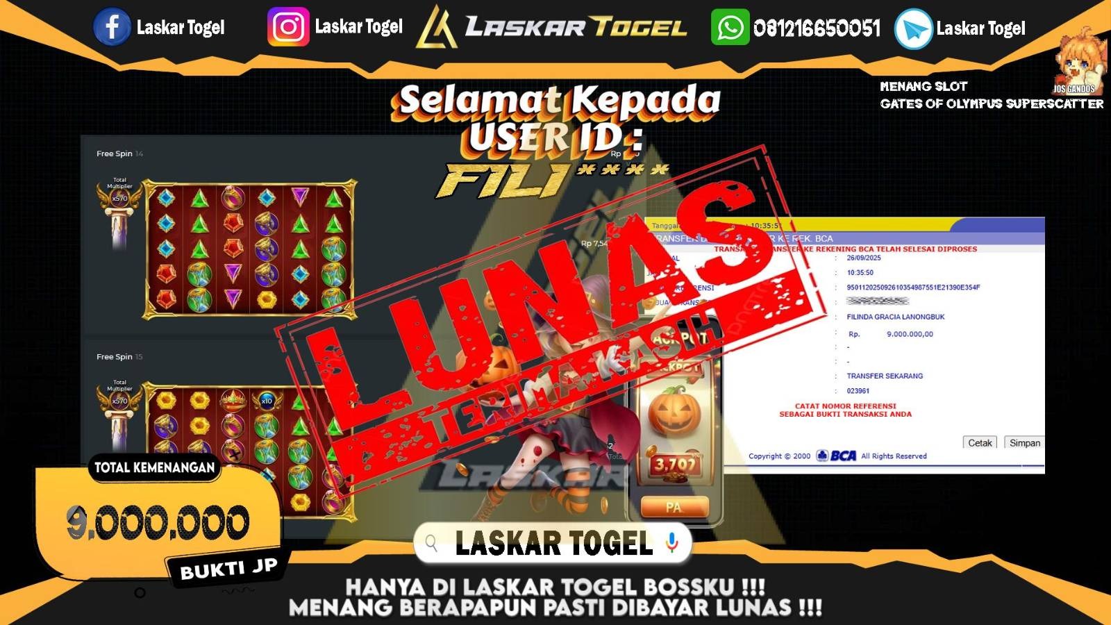 LASKARTOGEL JACKPOT SLOT GATES OF OLYMPUS SUPER SCATTER Rp.9.000.000,- LUNAS