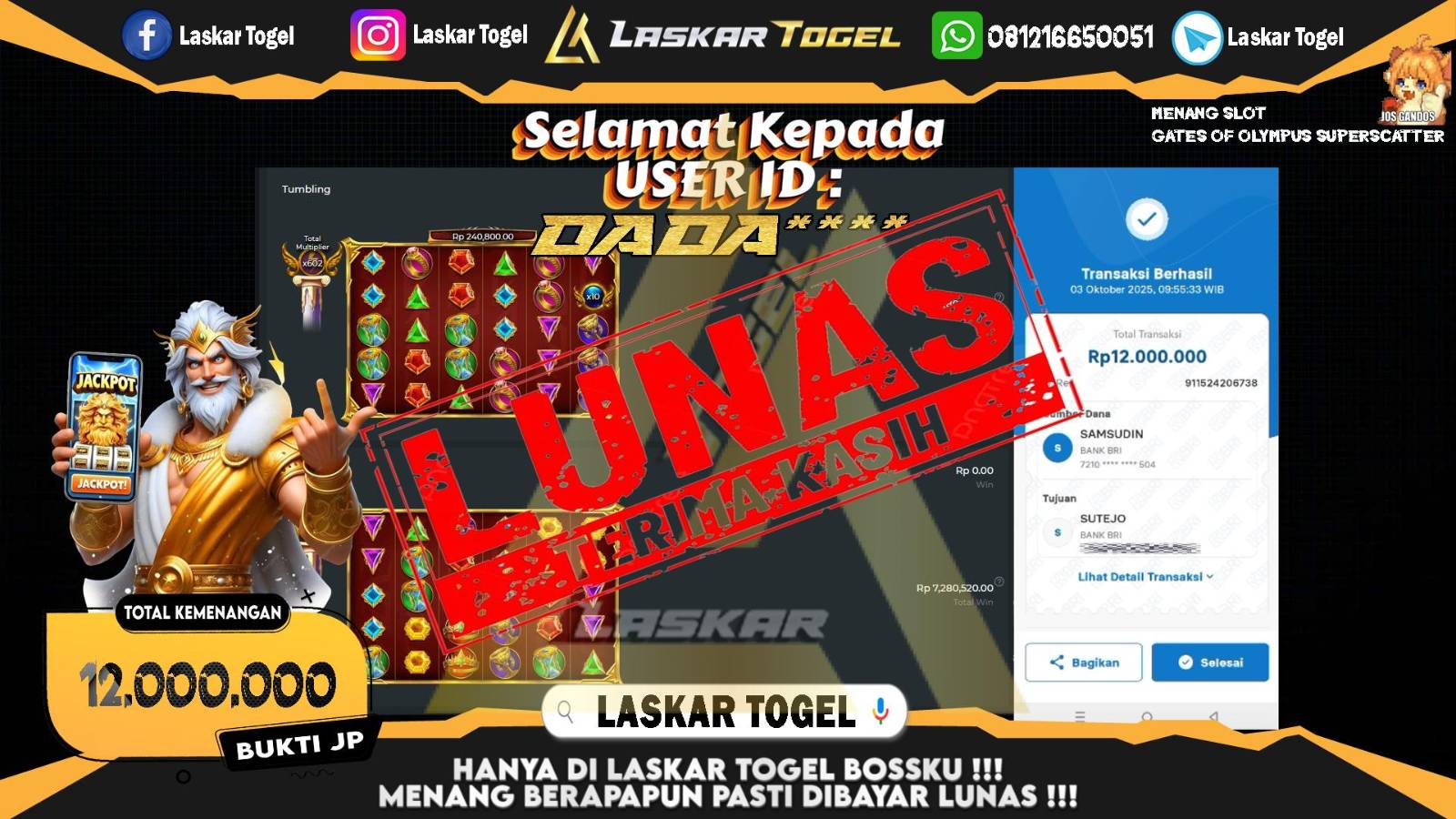 LASKARTOGEL JACKPOT SLOT GATES OF OLYMPUS SUPER SCATTER Rp.12.000.000,- LUNAS