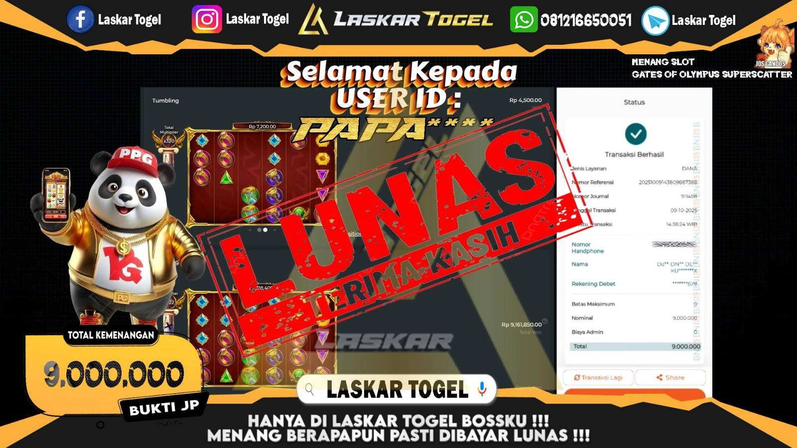 LASKARTOGEL JACKPOT SLOT GATES OF OLYMPUS SUPER SCATTER Rp.9.000.000,- LUNAS