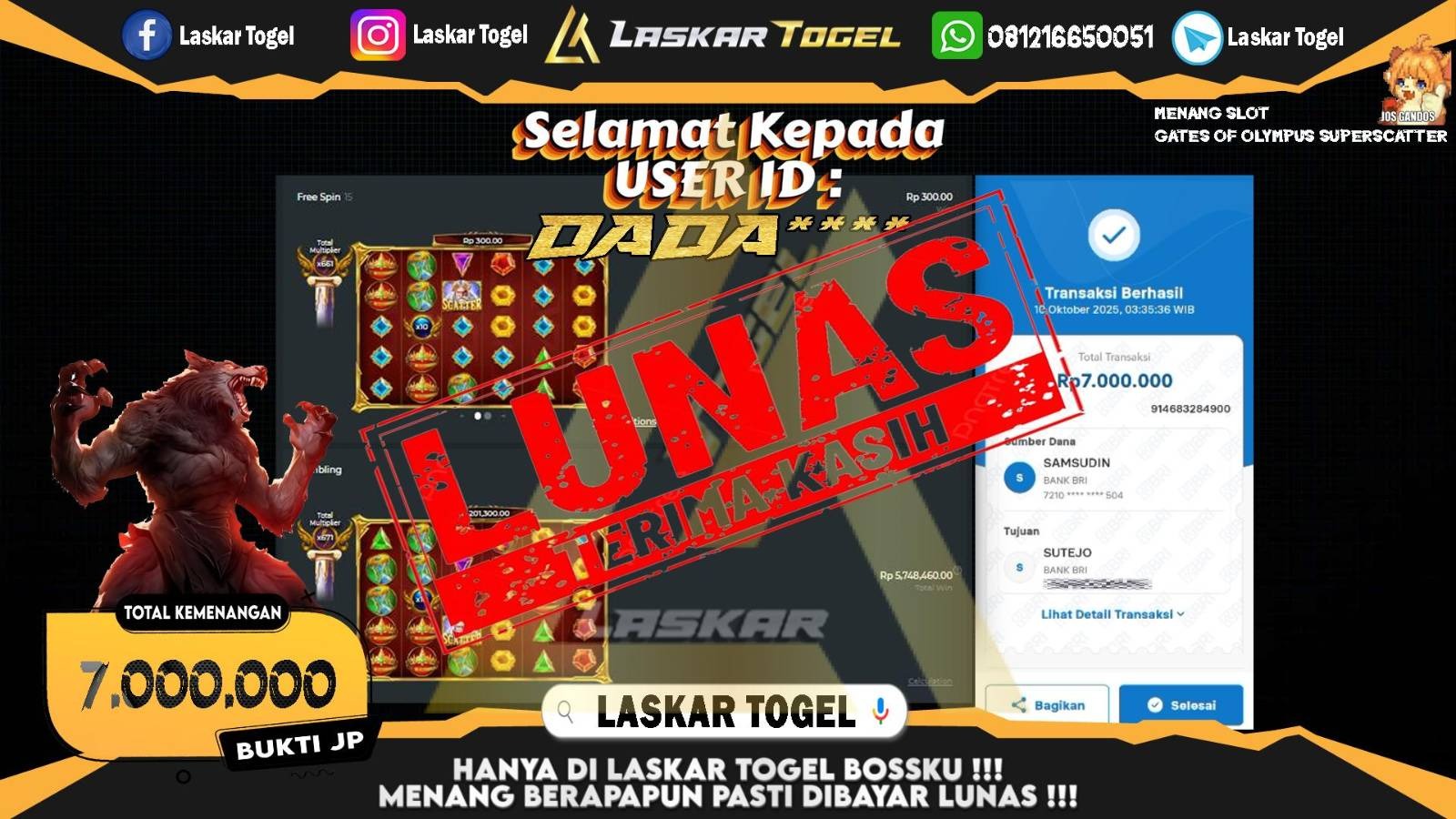 LASKARTOGEL JACKPOT SLOT GATES OF OLYMPUS SUPER SCATTER Rp.7.000.000,- LUNAS