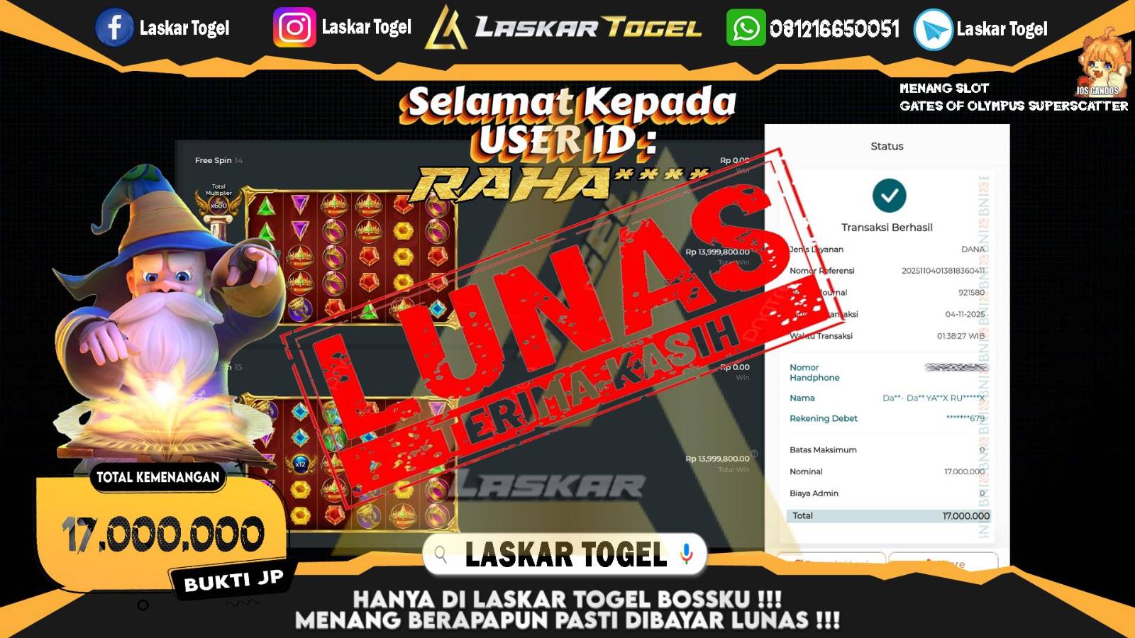 LASKARTOGEL JACKPOT SLOT GATES OF OLYMPUS SUPER SCATTER Rp.17.000.000,- LUNAS
