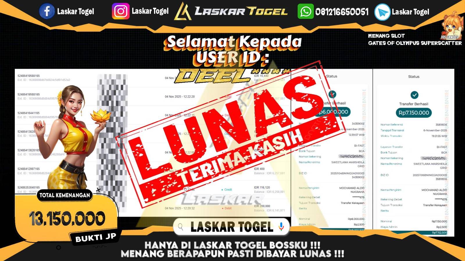 LASKARTOGEL JACKPOT SLOT GATES OF OLYMPUS SUPER SCATTER Rp.13.150.000,- LUNAS