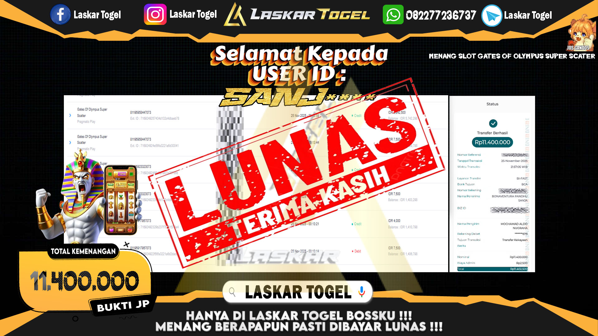 LASKARTOGEL JACKPOT SLOT GATES OF OLYMPUS SUPER SCATTER Rp.11.400.000,- LUNAS