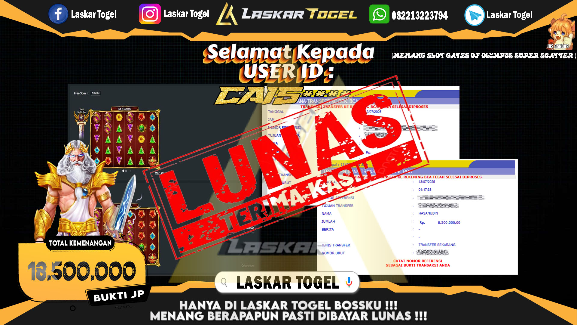 LASKARTOGEL JACKPOT SLOT GATES OF OLYMPUS SUPER SCATTER Rp.18.500.000.,- LUNAS