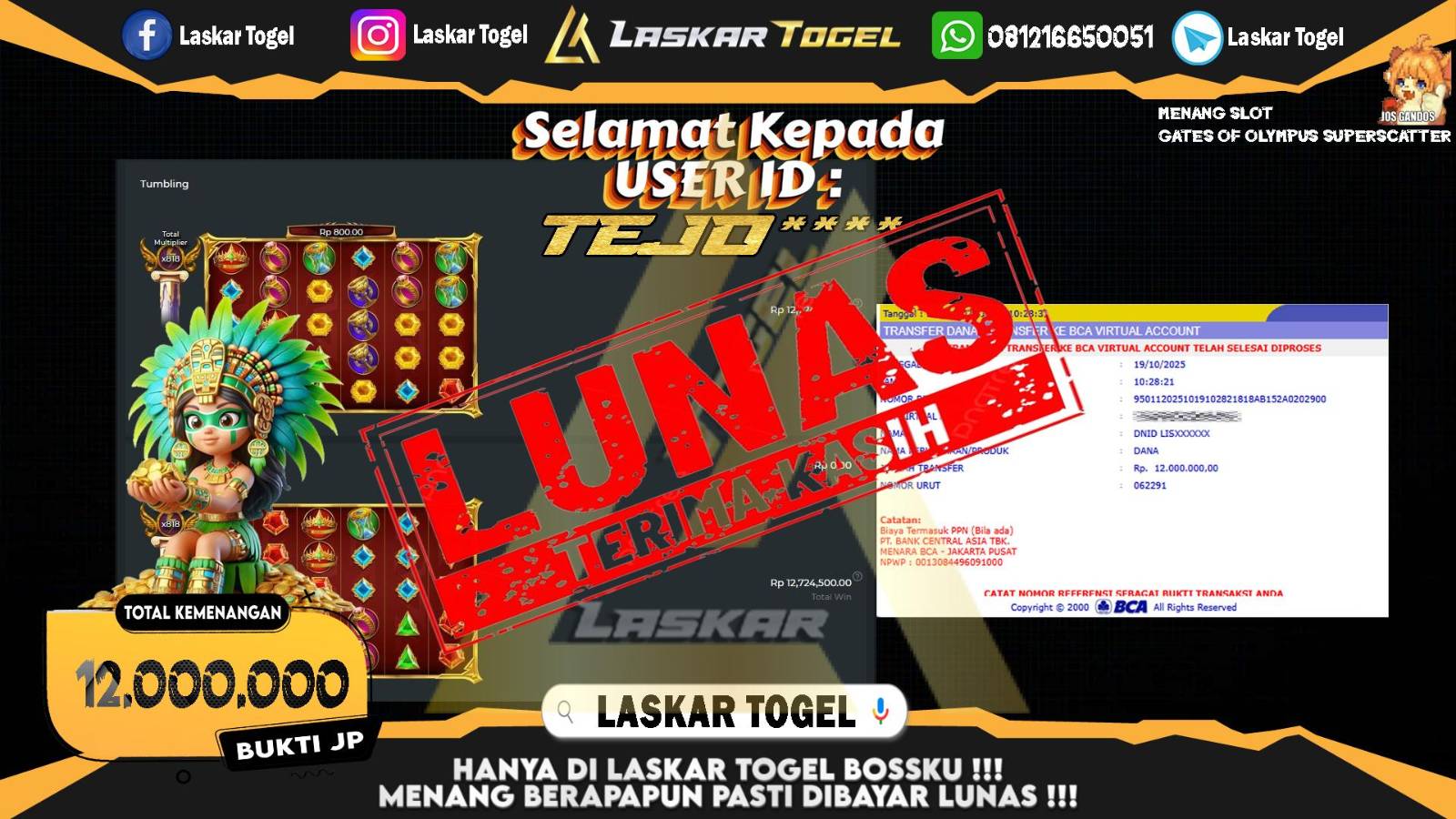 LASKARTOGEL JACKPOT SLOT SLOT GATES OF OLYMPUS SUPER SCATTER Rp.12.000.000,- LUNAS