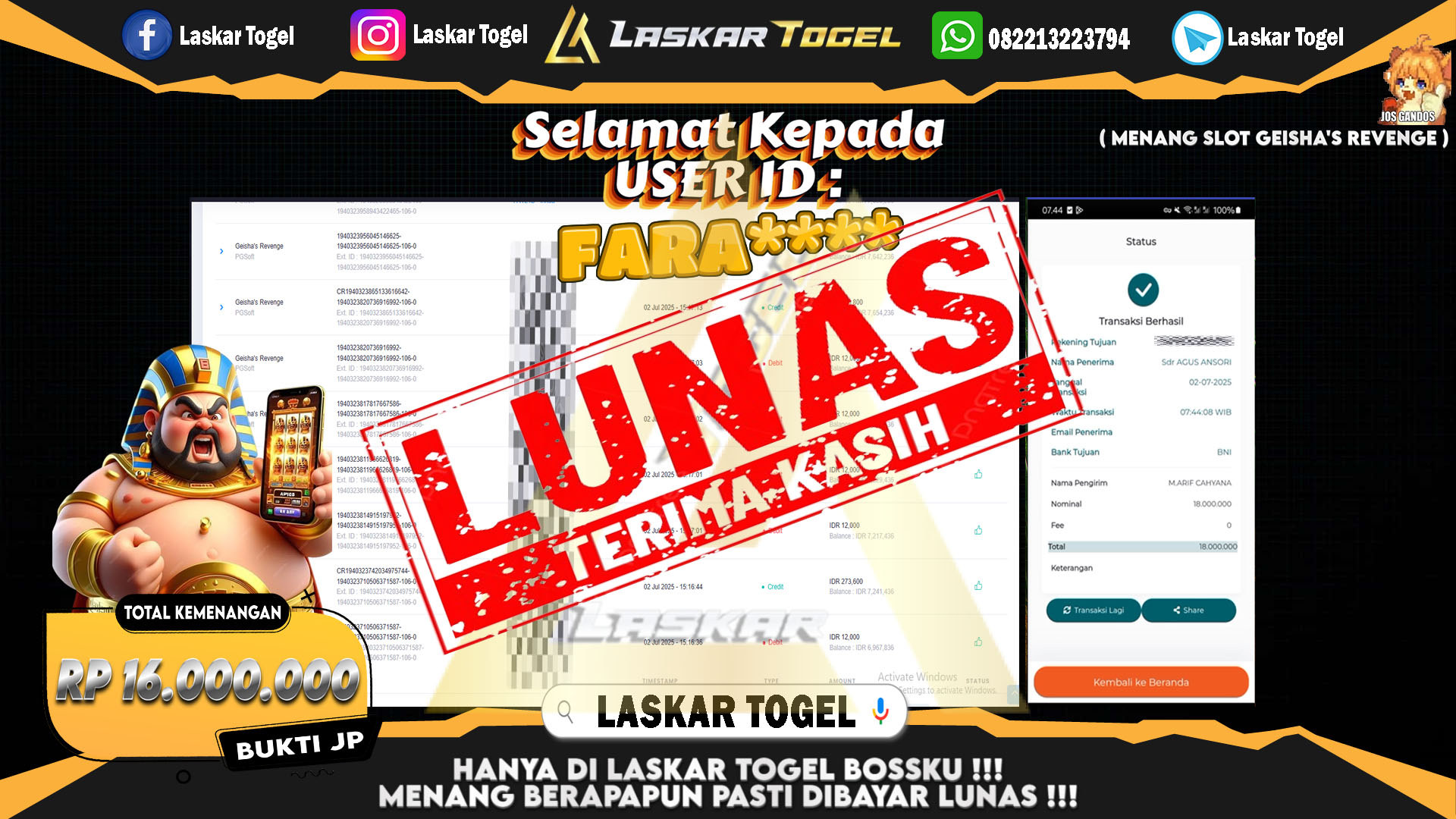 LASKARTOGEL JACKPOT SLOT GEISHA REVENGE Rp.16.000.000.,- LUNAS