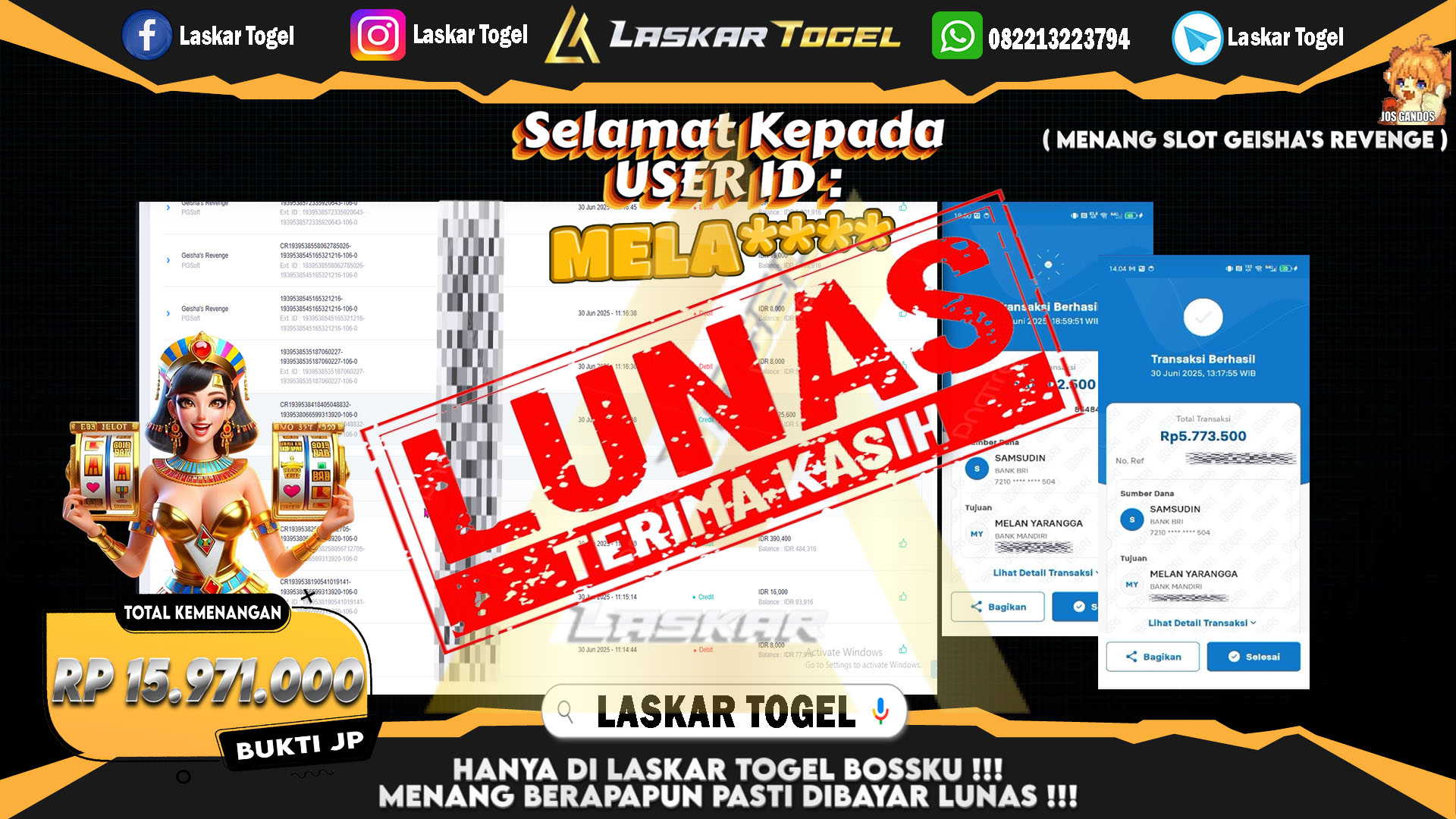 LASKARTOGEL JACKPOT SLOT GEISHA REVENGE Rp.15.971.000.,- LUNAS