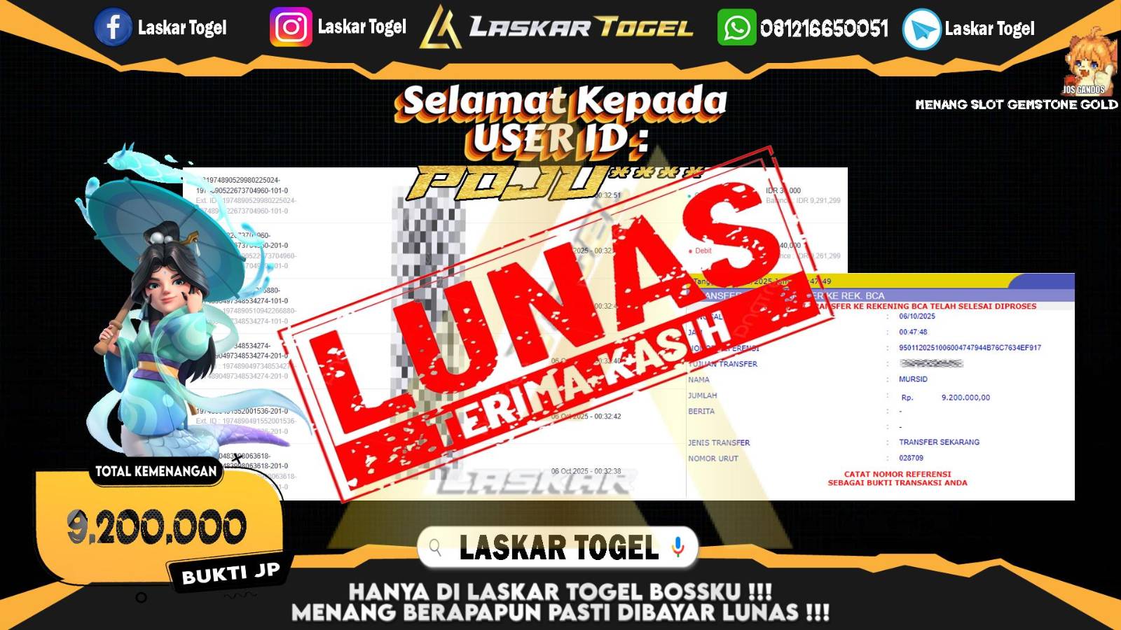 LASKARTOGEL JACKPOT SLOT GEMSTONE GOLD Rp.9.200.000,- LUNAS