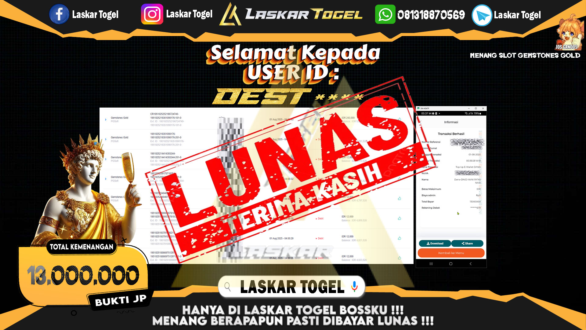 LASKARTOGEL JACKPOT SLOT GEMSTONE GOLD Rp.13.000.000.,- LUNAS