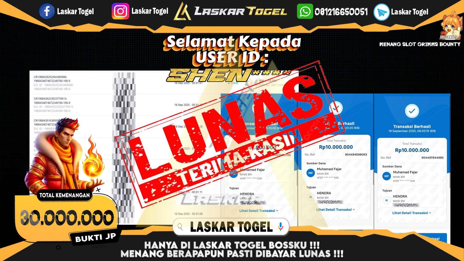 LASKARTOGEL JACKPOT SLOT GRIMMS BOUNTY Rp.30.000.000,- LUNAS