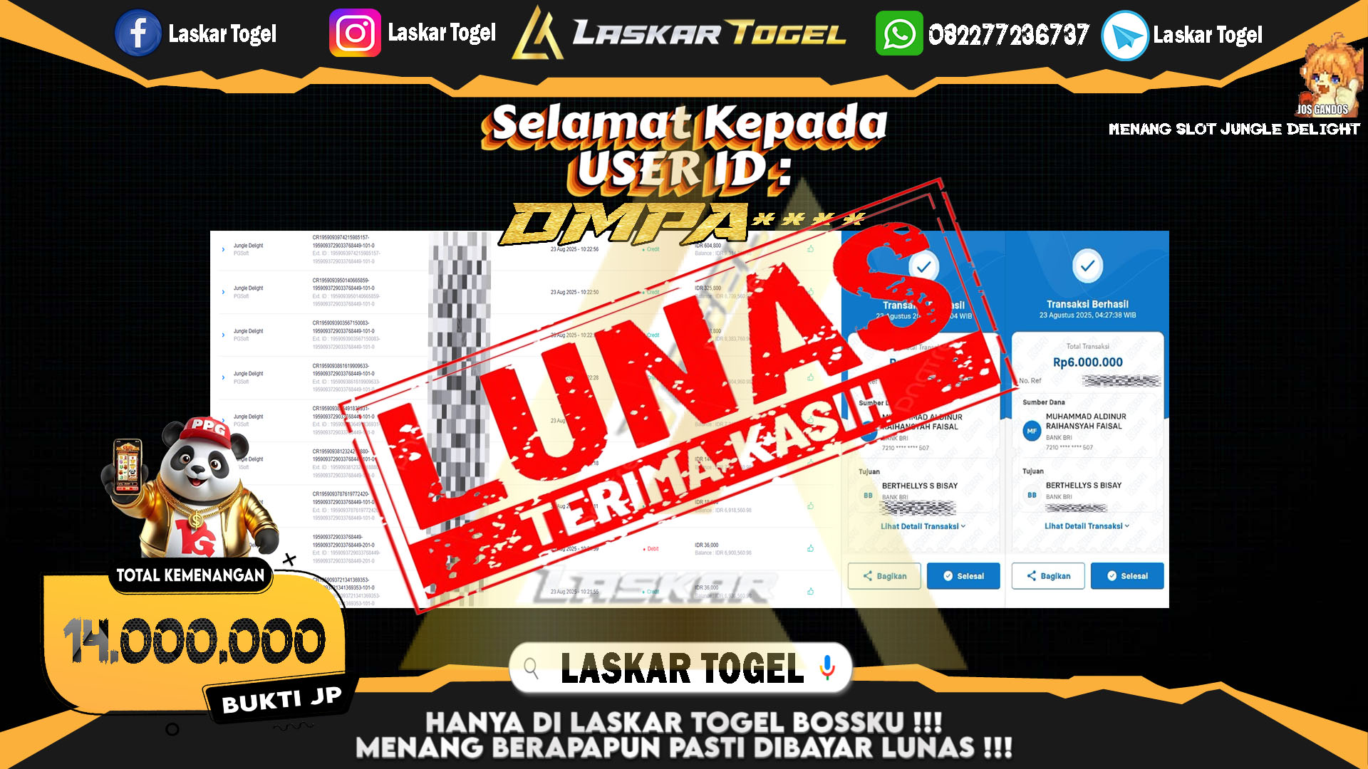 LASKARTOGEL JACKPOT SLOT JUNGLE DELIGHT Rp.14.000.000.,- LUNAS