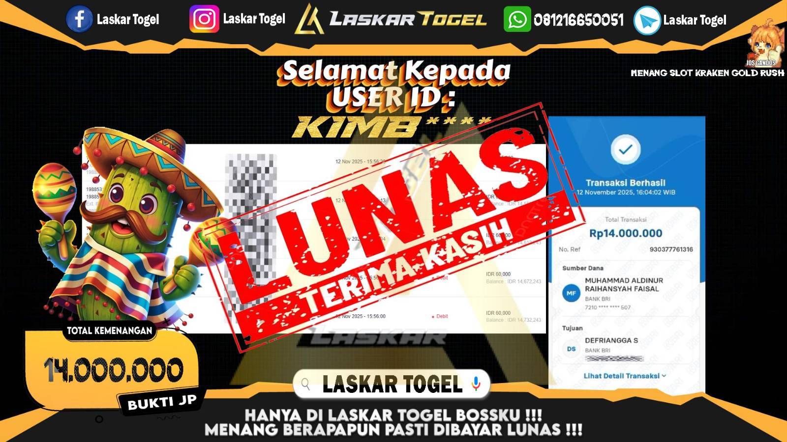 LASKARTOGEL JACKPOT SLOT KRAKEN GOLD RUSH Rp.14.000.000,- LUNAS