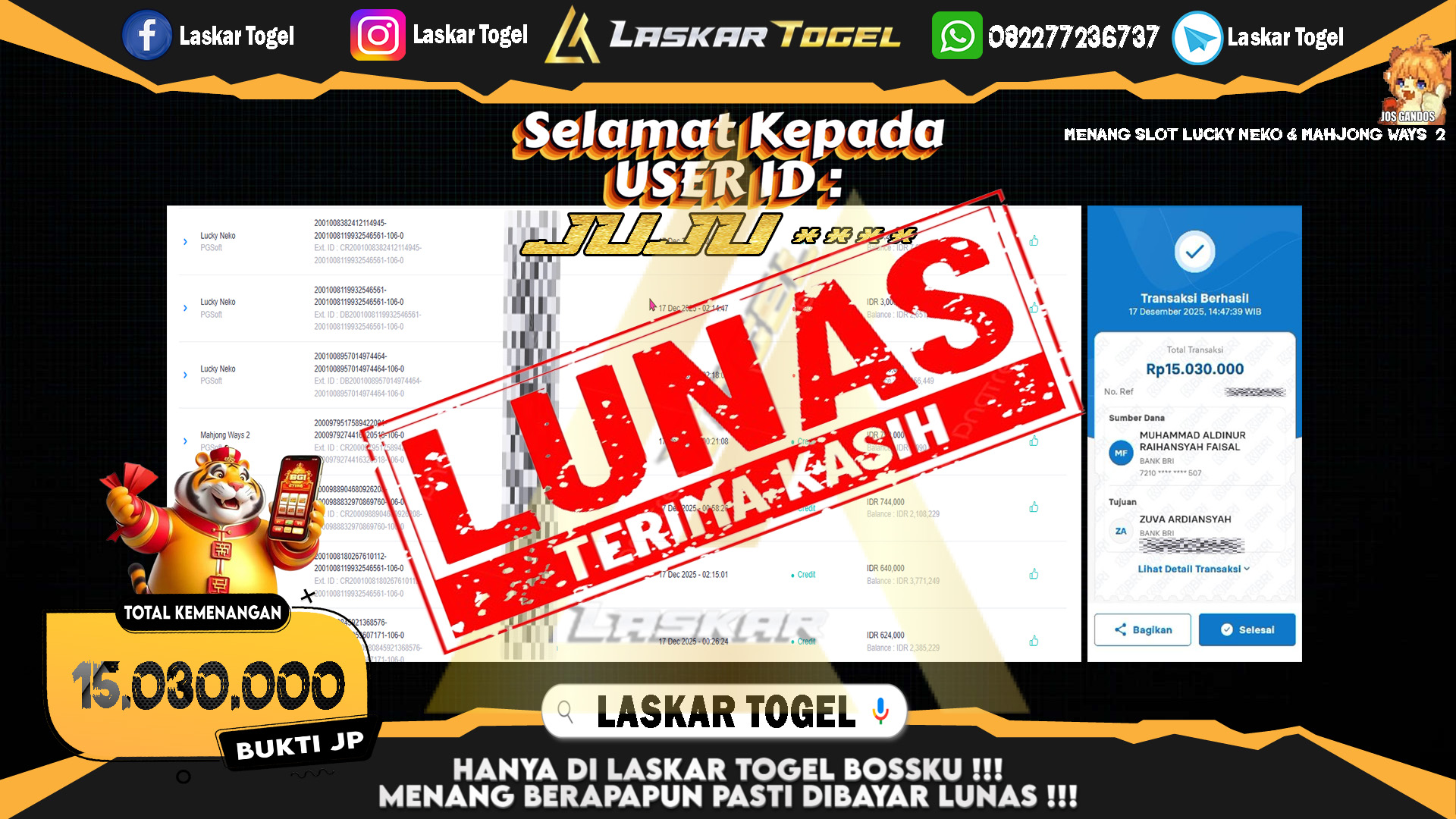 LASKARTOGEL JACKPOT SLOT LUCKY NEKO & MAHJONG WAYS 2 Rp.15.030.000,- LUNAS