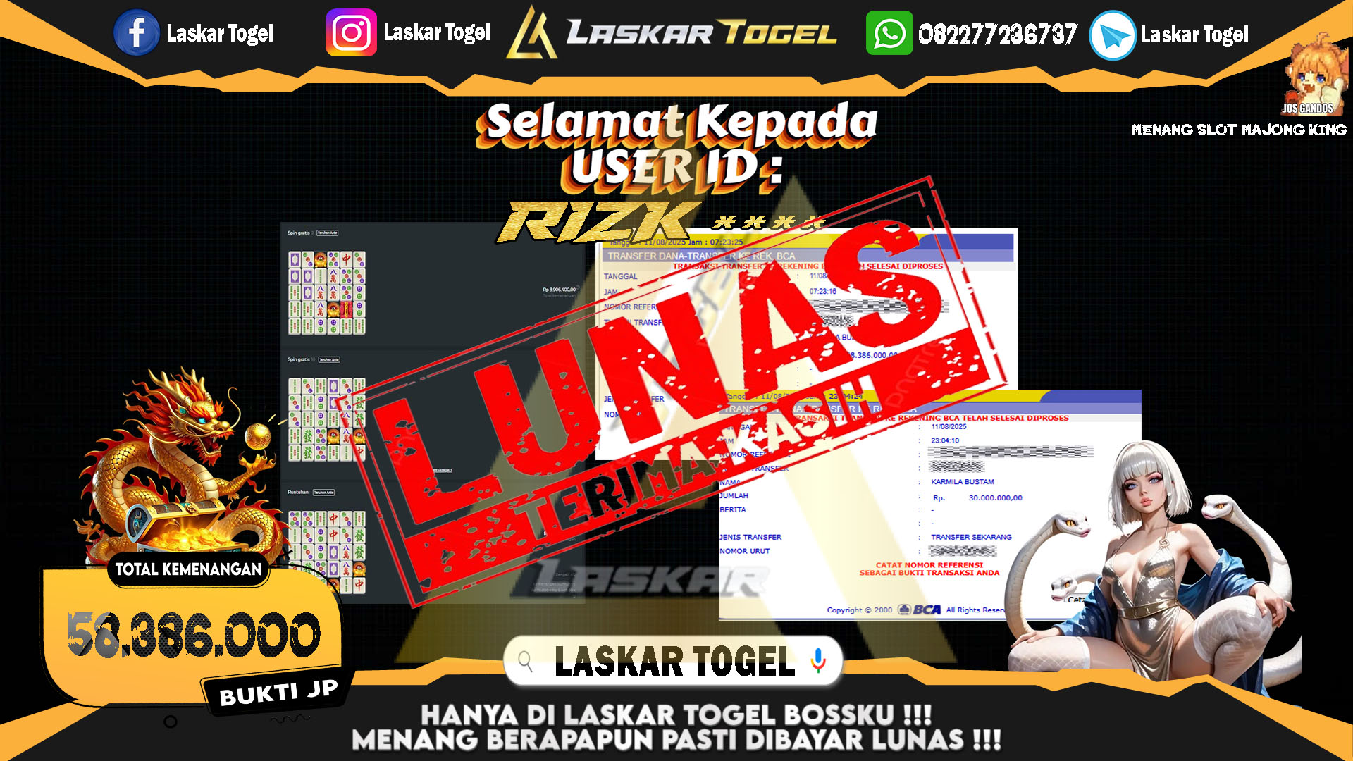 LASKARTOGEL JACKPOT SLOT MAHJONG KING Rp.58.386.000.,- LUNAS
