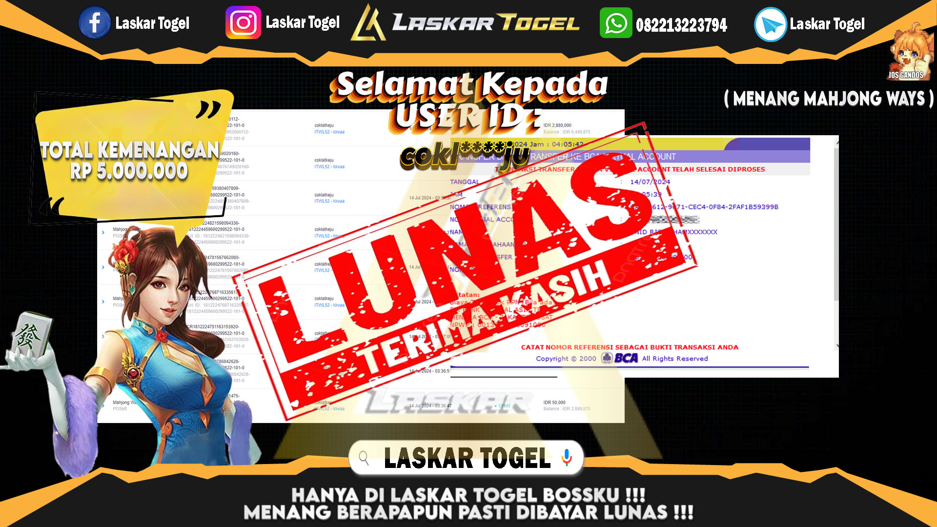 LASKARTOGEL JACKPOT  SLOT MAHJONG WAYS Rp.5.000.000.,- LUNAS