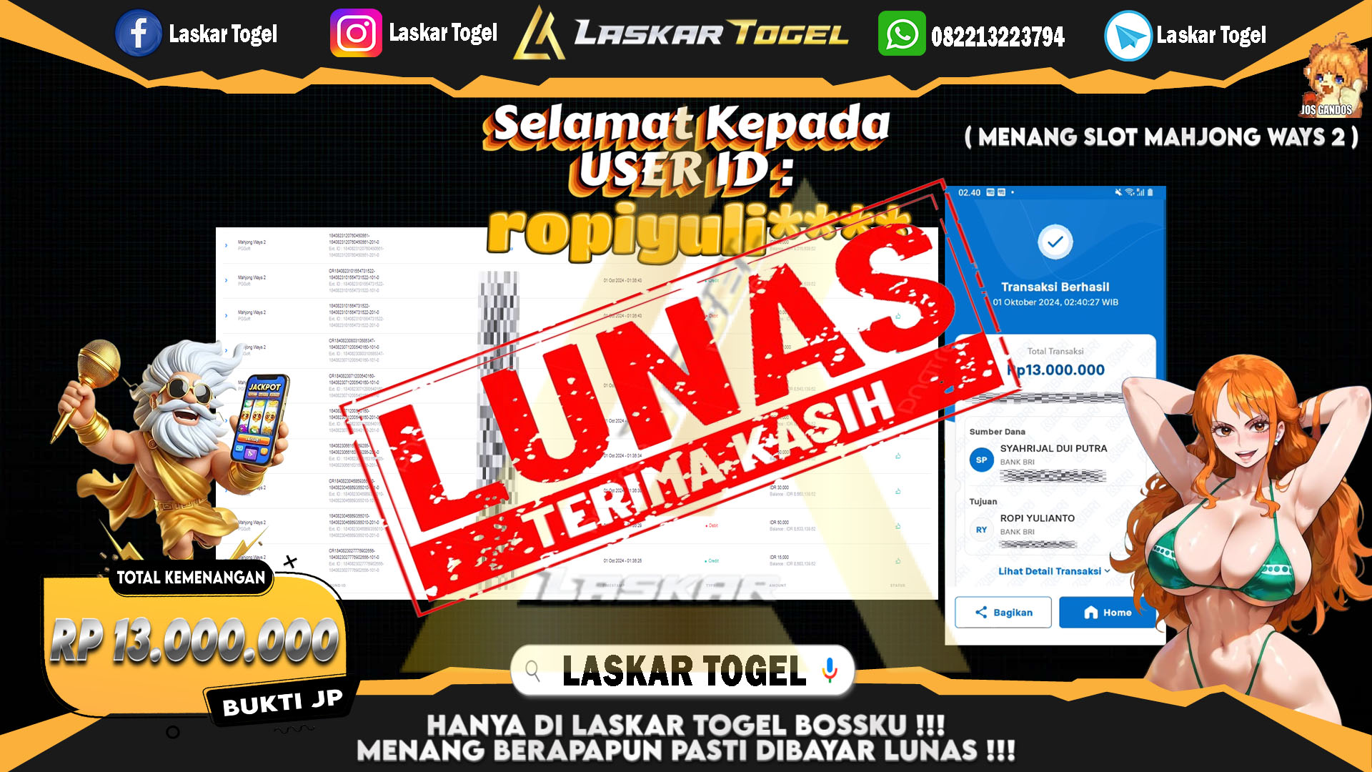 LASKARTOGEL JACKPOT SLOT MAHJONG WAYS 2 Rp.13.000.000.,- LUNAS