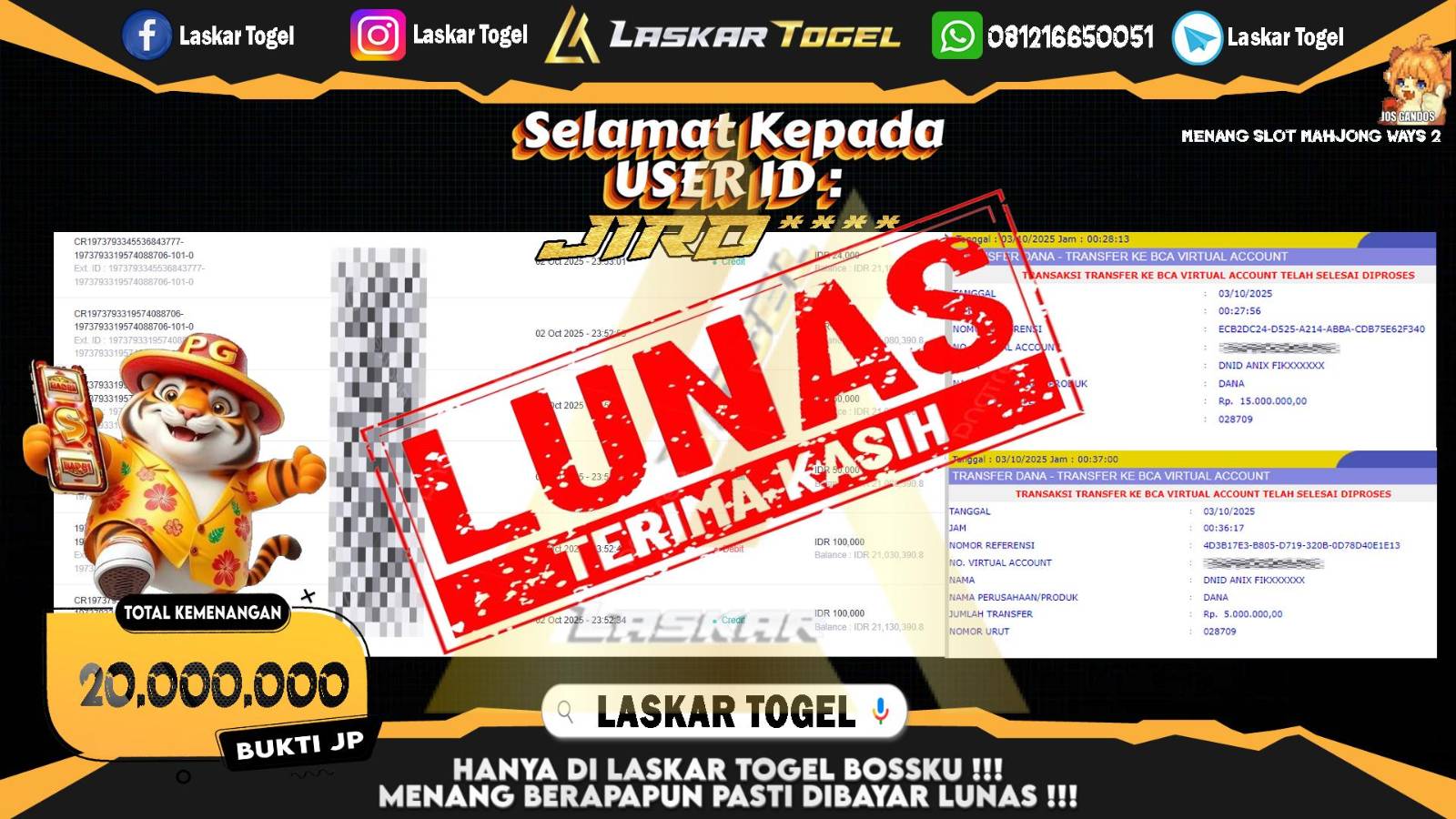 LASKARTOGEL JACKPOT SLOT MAHJONG WAYS 2 Rp.20.000.000,- LUNAS