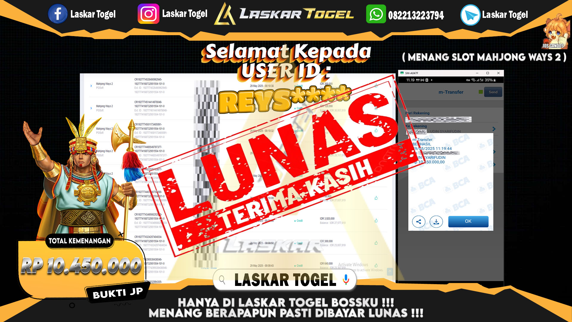 LASKARTOGEL JACKPOT SLOT MAHJONG WAYS 2 Rp.10.450.000.,- LUNAS