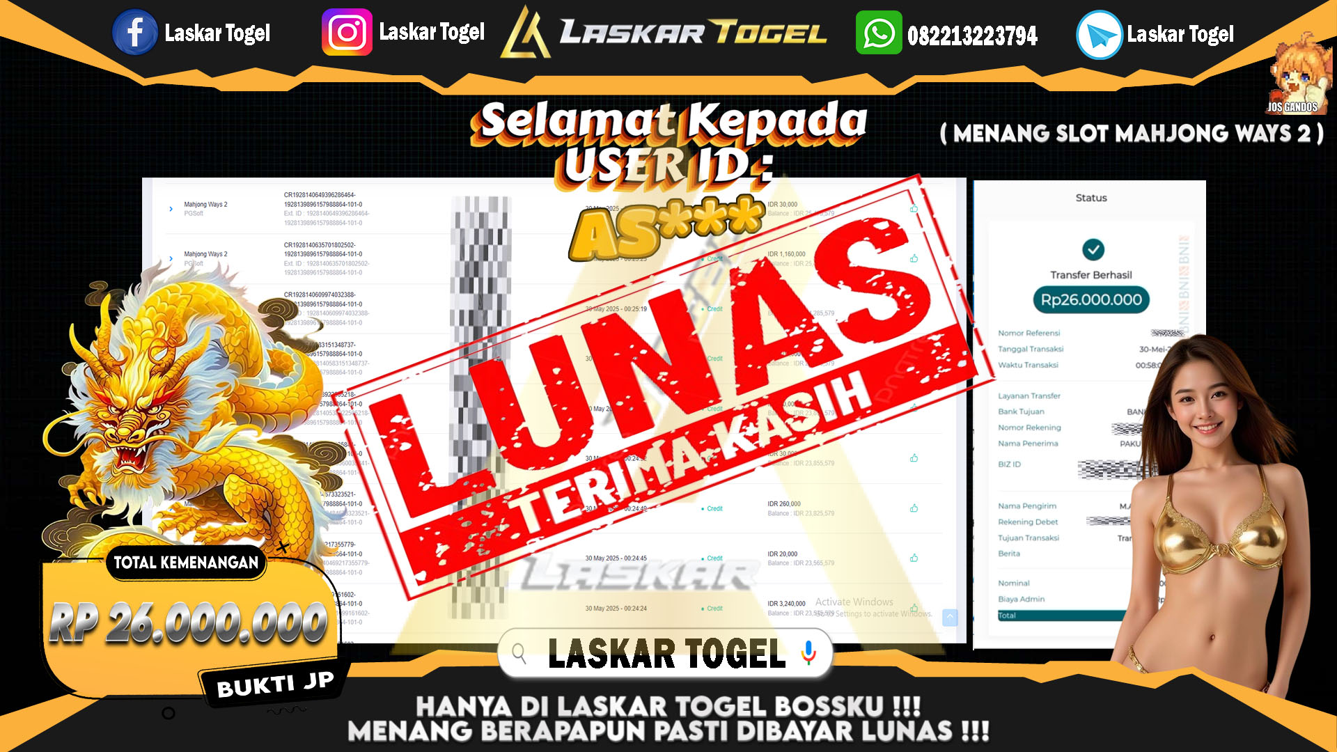 LASKARTOGEL JACKPOT SLOT MAHJONG WAYS 2 Rp.26.000.000.,- LUNAS