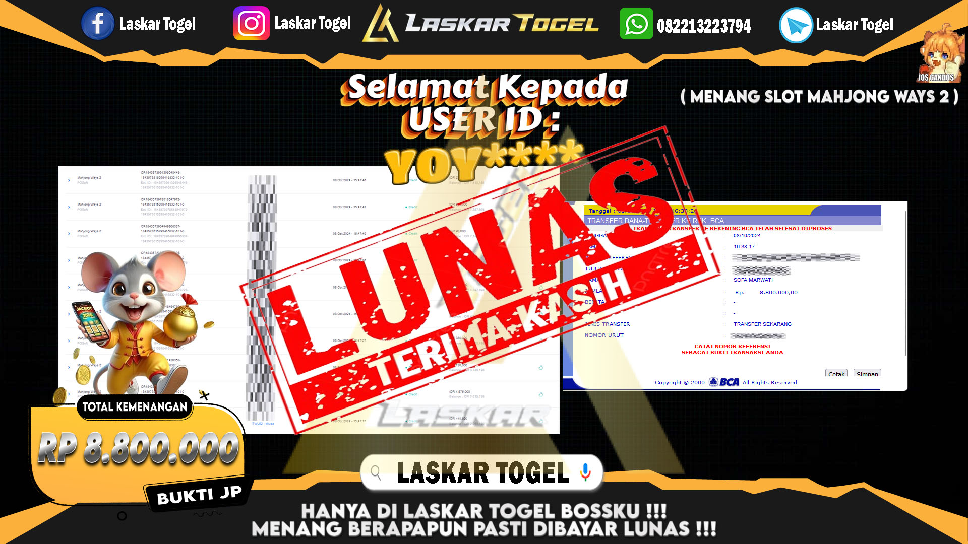 LASKARTOGEL JACKPOT SLOT MAHJONG WAYS 2 Rp.8.800.000.,- LUNAS