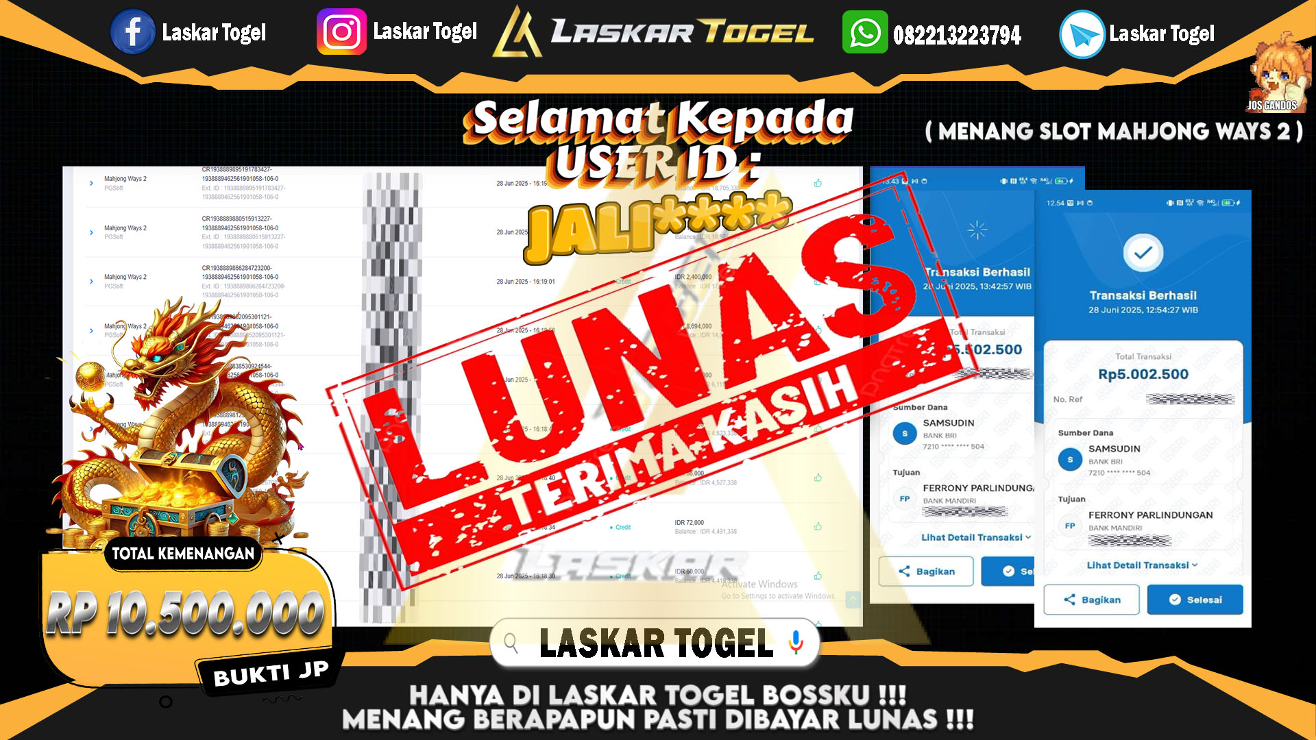 LASKARTOGEL JACKPOT SLOT MAHJONG WAYS 2 Rp.10.500.000.,- LUNAS