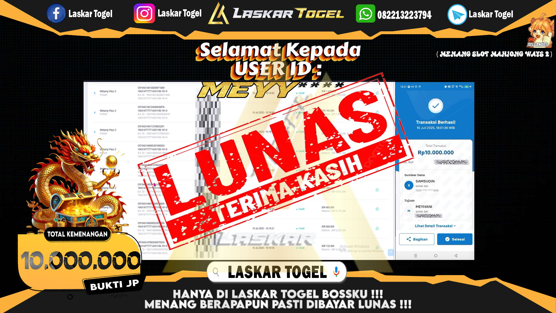 LASKARTOGEL JACKPOT SLOT MAHJONG WAYS 2 Rp.10.000.000.,- LUNAS