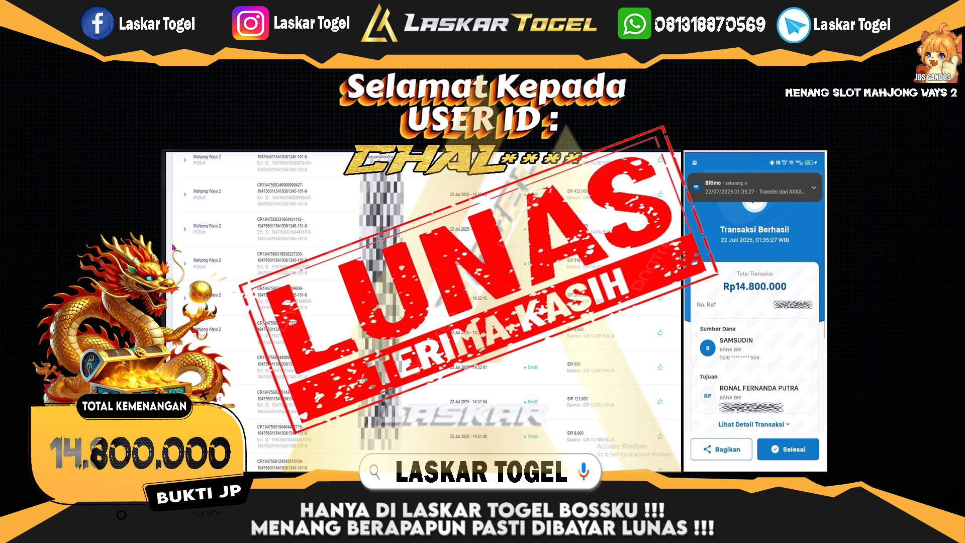 LASKARTOGEL JACKPOT SLOT MAHJONG WAYS 2 Rp.14.800.000.,- LUNAS