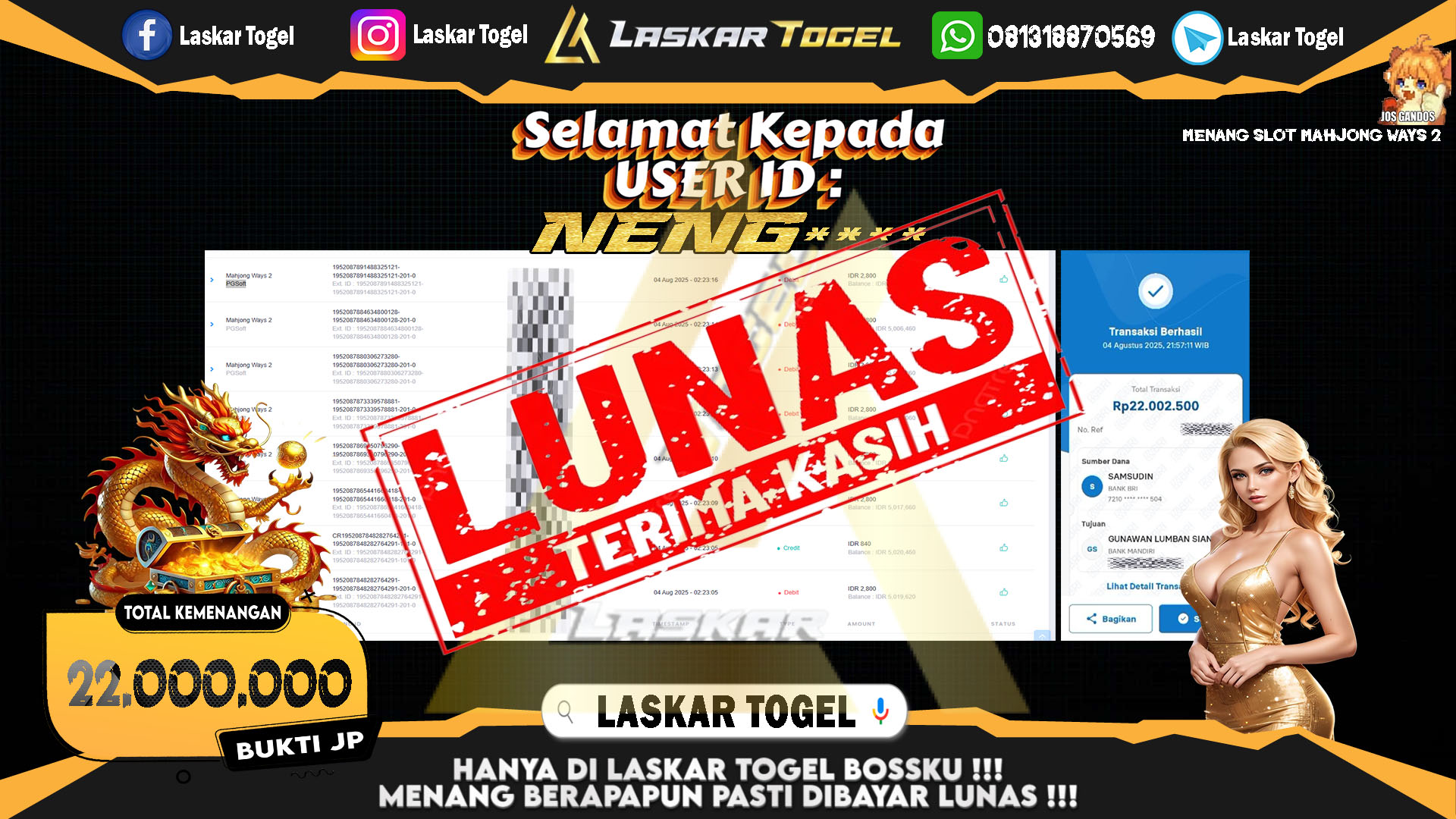 LASKARTOGEL JACKPOT SLOT MAHJONG WAYS 2 Rp.22.000.000.,- LUNAS