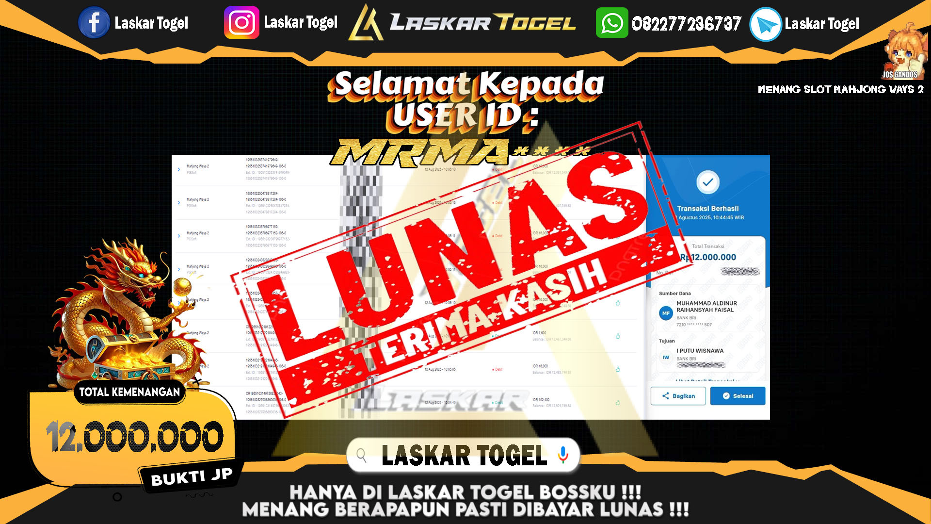 LASKARTOGEL JACKPOT SLOT MAHJONG WAYS 2 Rp.12.000.000.,- LUNAS