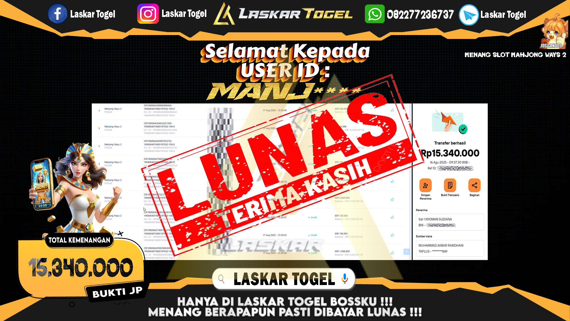 LASKARTOGEL JACKPOT SLOT MAHJONG WAYS 2 Rp.15.340.000.,- LUNAS