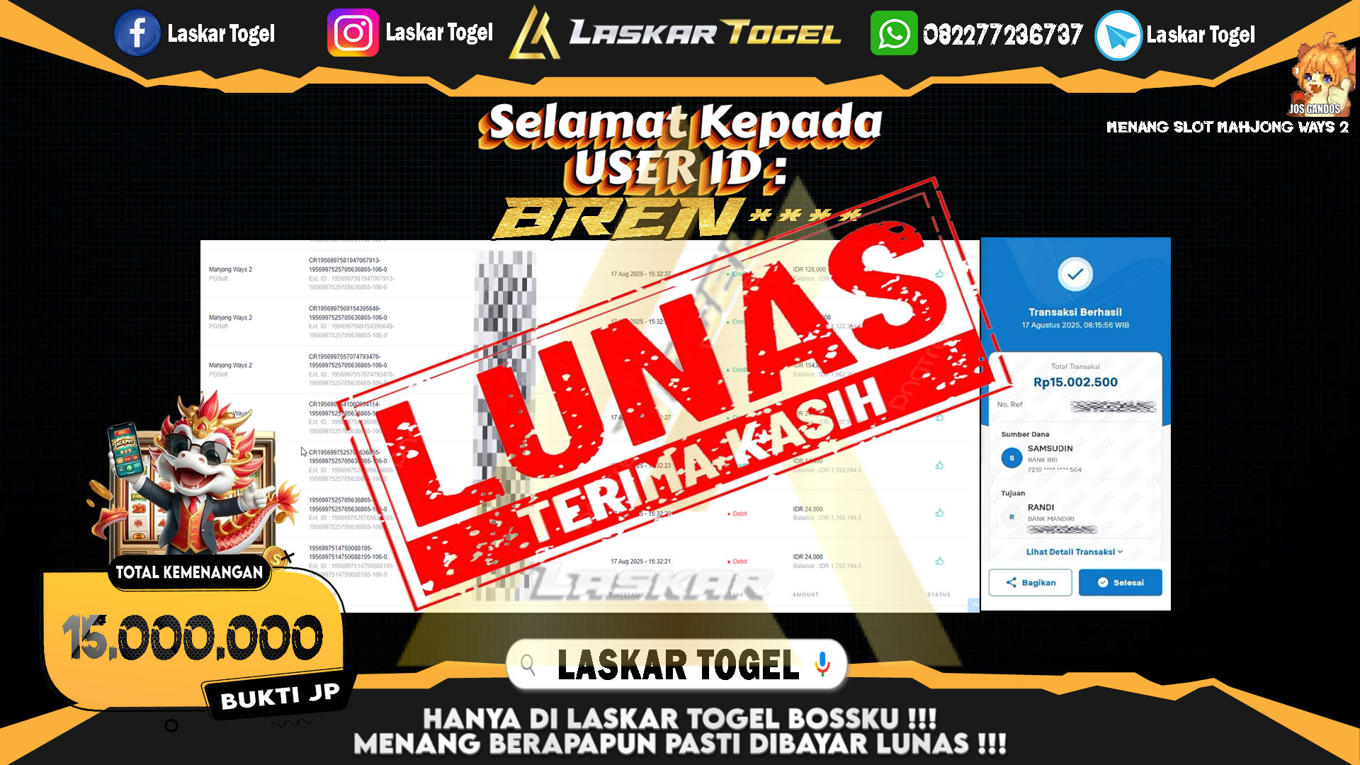LASKARTOGEL JACKPOT SLOT MAHJONG WAYS 2 Rp.15.000.000.,- LUNAS