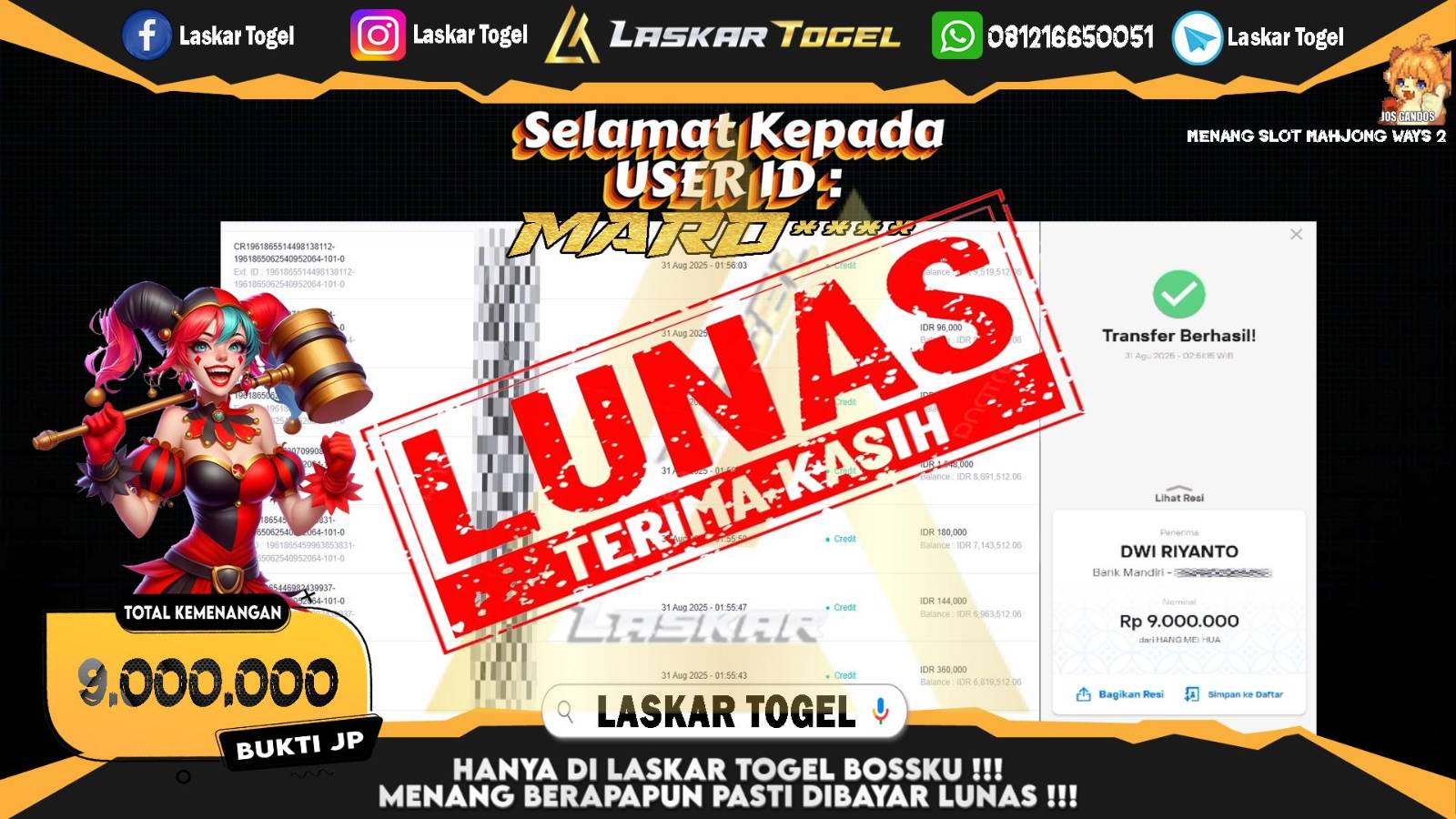 LASKARTOGEL JACKPOT SLOT MAHJONG WAYS 2 Rp.9.000.000,- LUNAS