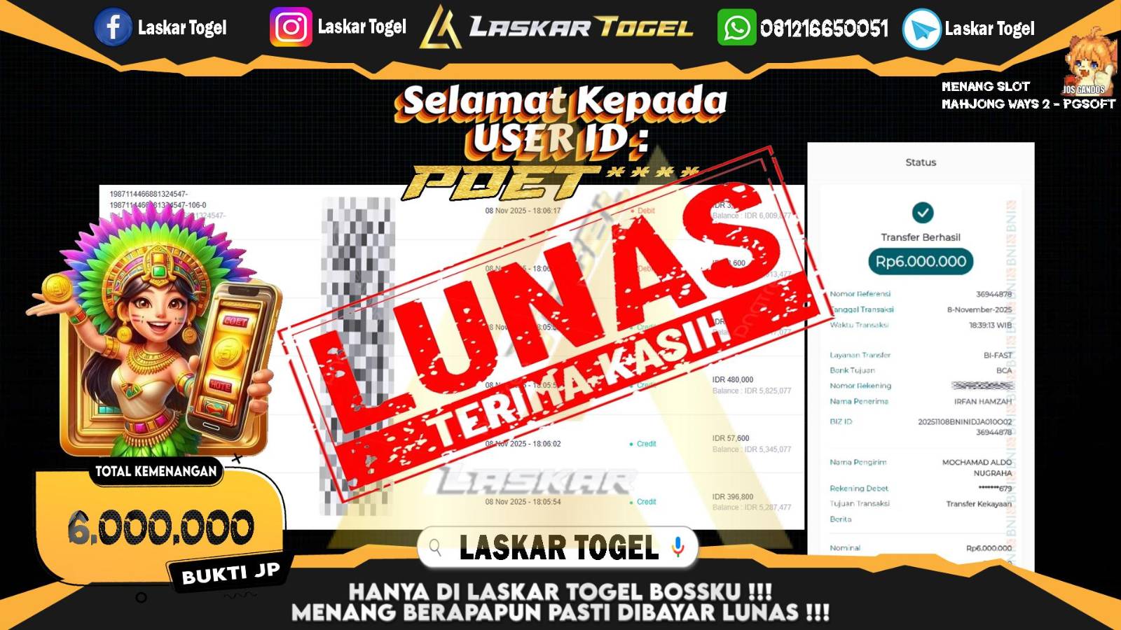 LASKARTOGEL JACKPOT SLOT MAHJONG WAYS 2 Rp.6.000.000,- LUNAS