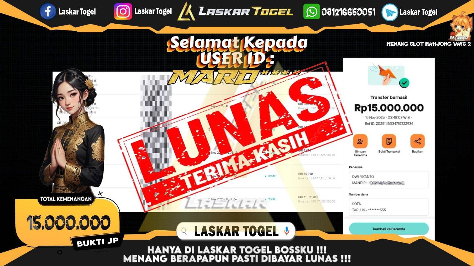 LASKARTOGEL JACKPOT SLOT MAHJONG WAYS 2 Rp.15.000.000,- LUNAS