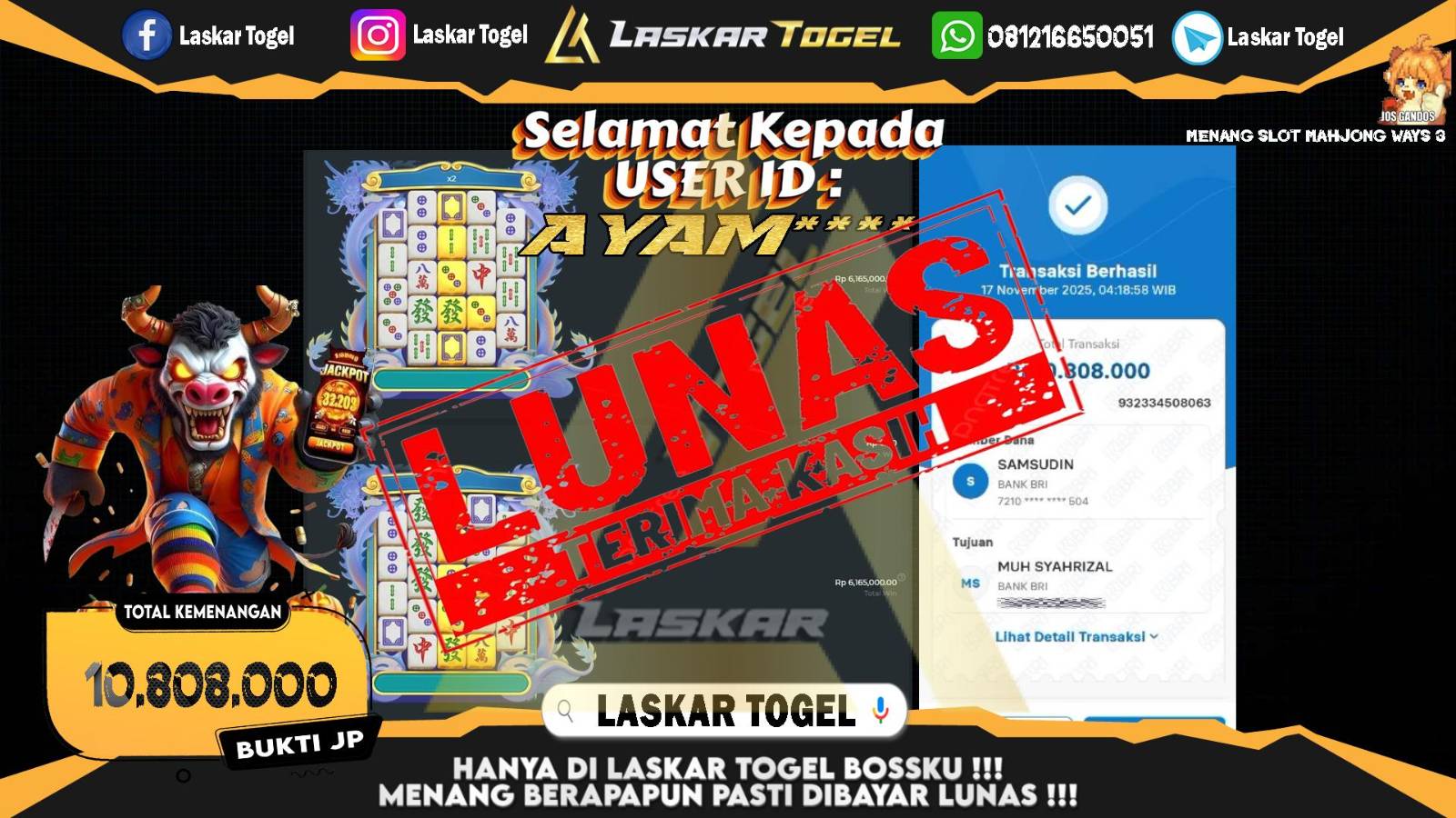 LASKARTOGEL JACKPOT SLOT MAHJONG WAYS 3 Rp.10.808.000,- LUNAS