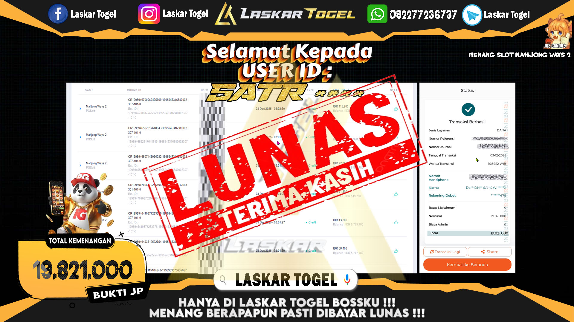 LASKARTOGEL JACKPOT SLOT MAHJONG WAYS 2 Rp.19.821.000,- LUNAS