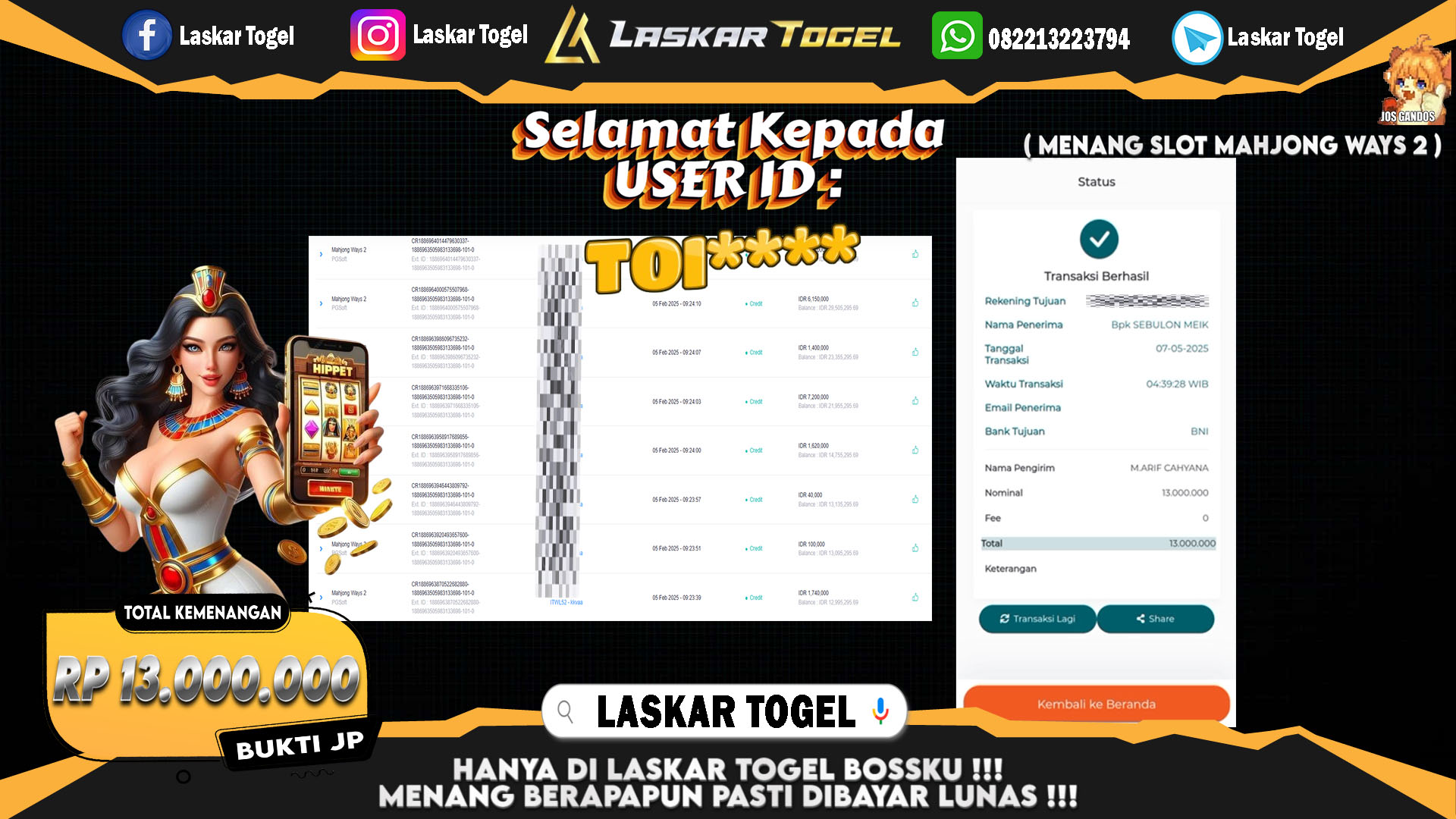 LASKARTOGEL JACKPOT SLOT MAHJONG WAYS Rp.13.000.000.,- LUNAS