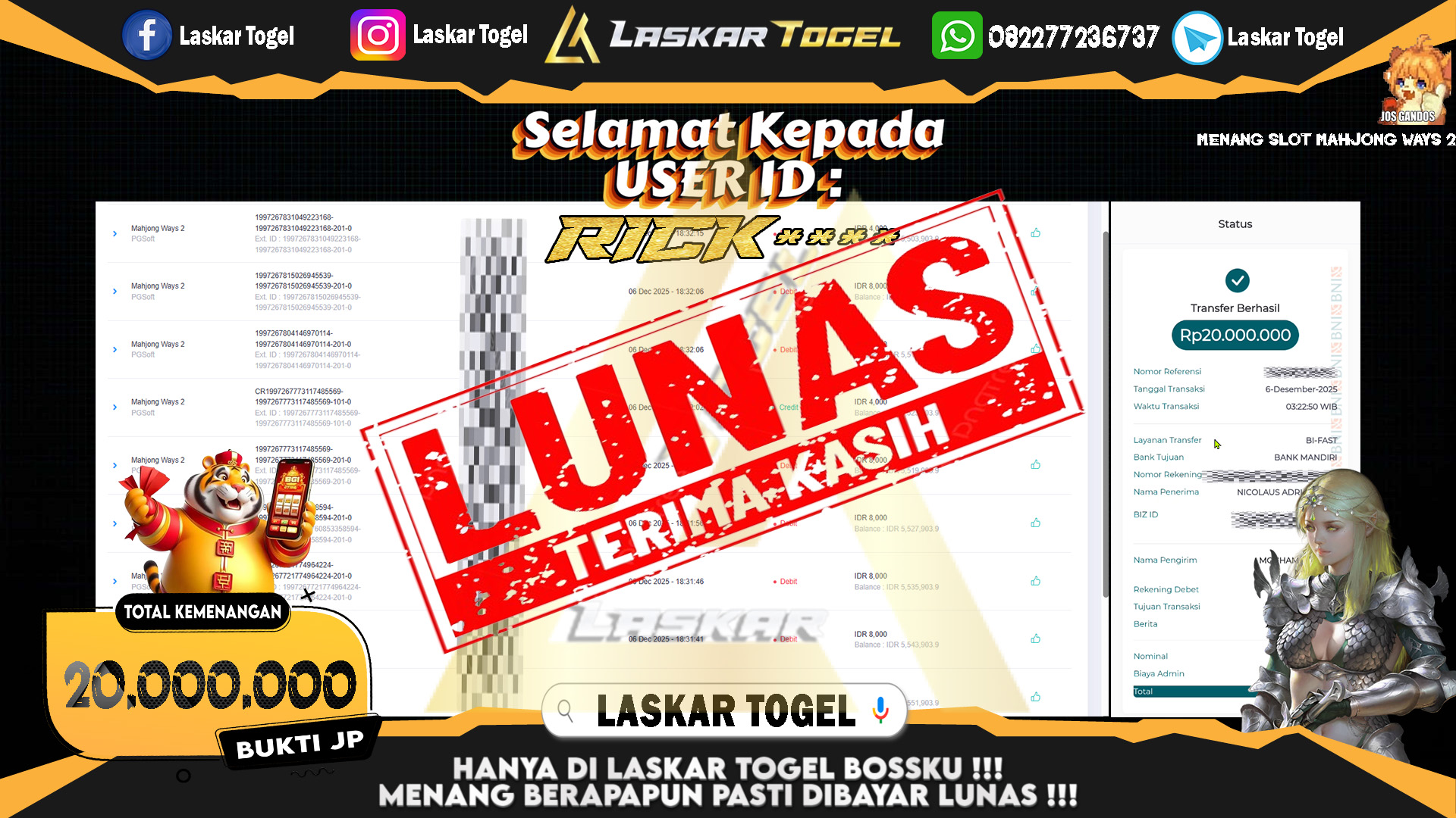 LASKARTOGEL JACKPOT SLOT MAHJONG WAYS 2 Rp.20.000.000,- LUNAS