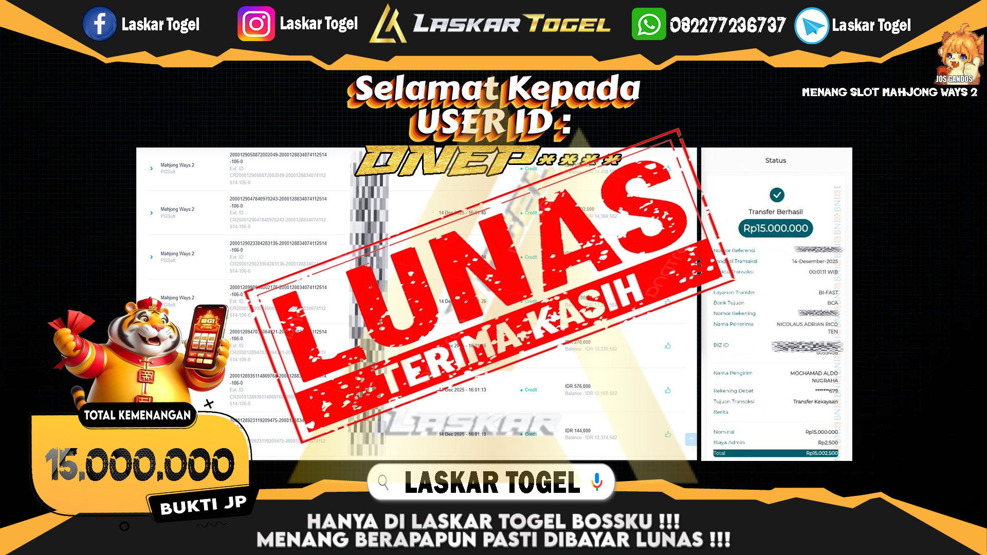 LASKARTOGEL JACKPOT SLOT MAHJONG WAYS 2 Rp.15.000.000,- LUNAS