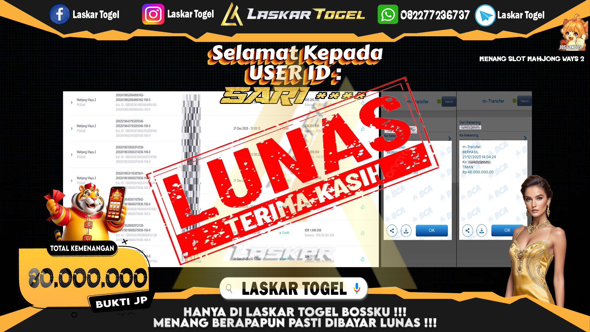 LASKARTOGEL JACKPOT SLOT MAHJONG WAYS 2 Rp.80.000.000,- LUNAS